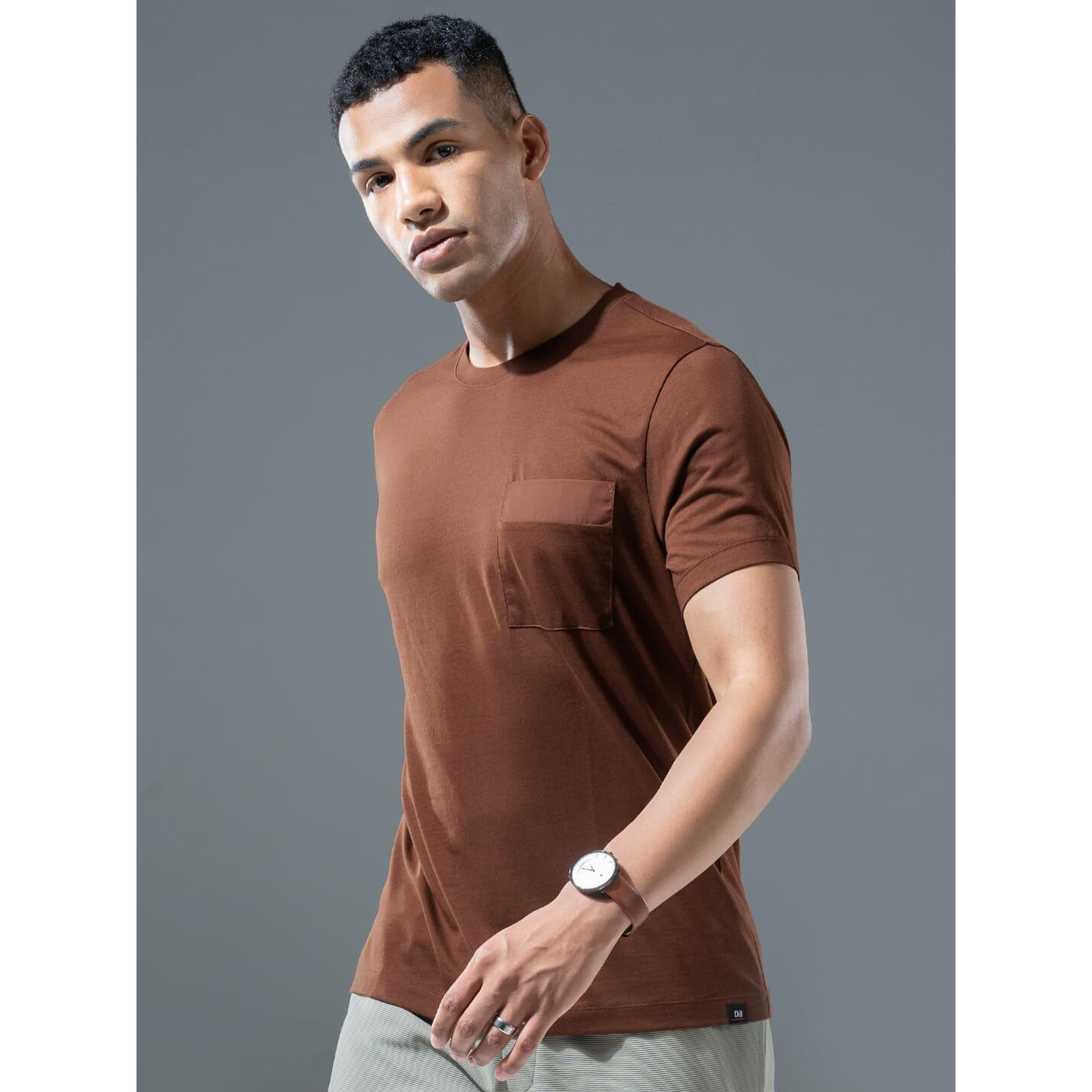 DAMENSCH Regular Fit Half Sleeve Premium Cotton Blend Solid Patch Pocket Lightweight Durable Casual Wear Lounge Wear Elemental Tshirt with Pocket for Men-Copper brown-XXL