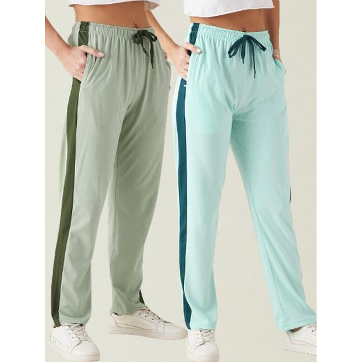 Modeve Womens Aqua and Pista Regular Fit Striped with Side Pockets Cotton Track Pants for Summer (M)