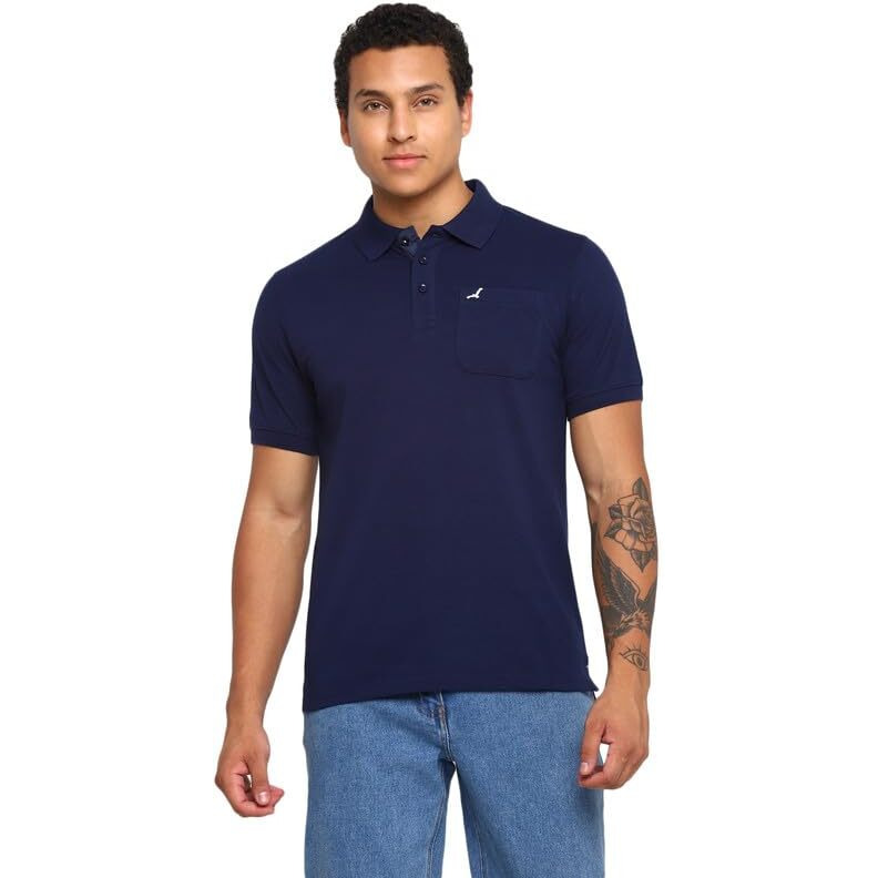 AMERICAN CREW Polo Collar T-Shirt for Men with Pocket (AC357-M_Navy Blue)