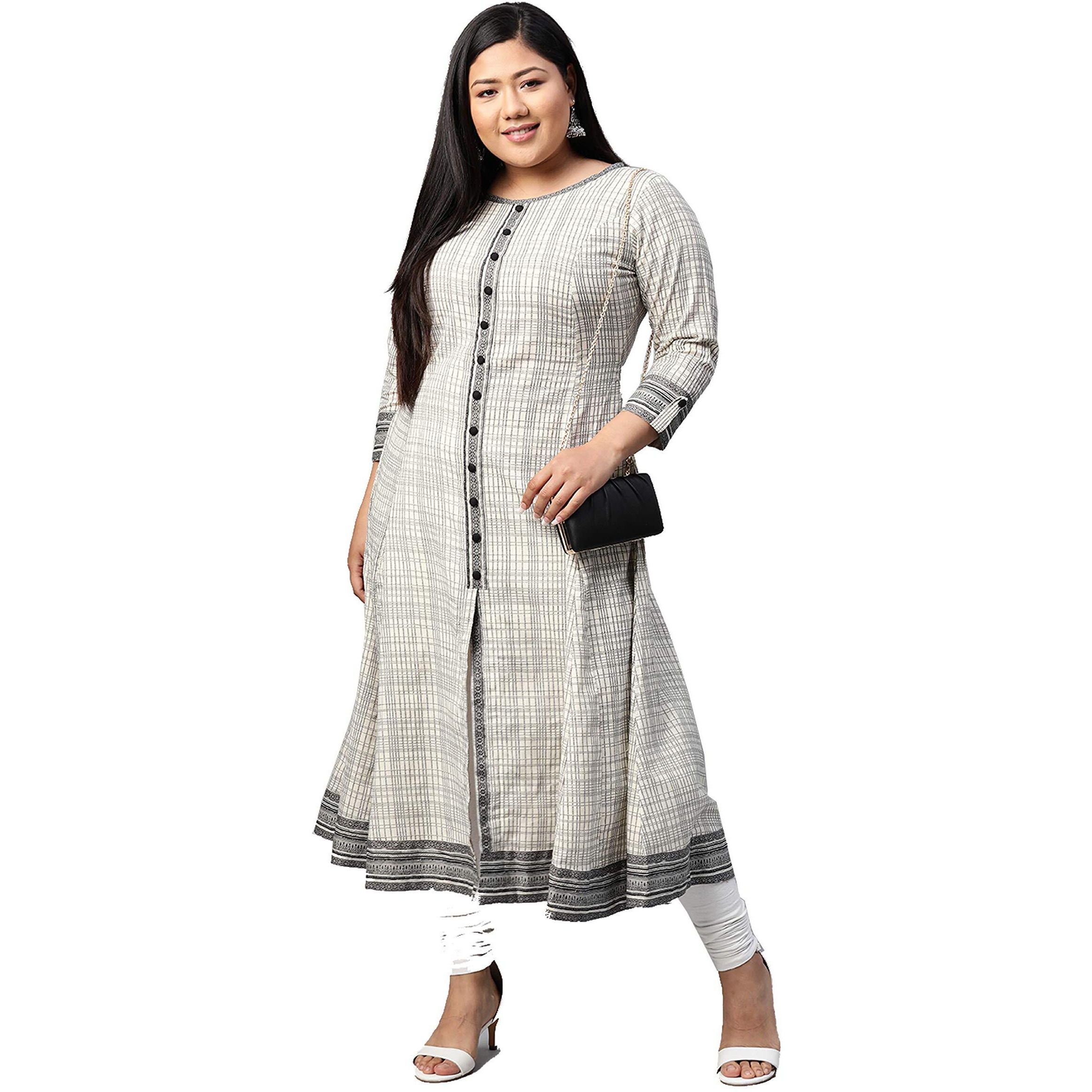 Yash Gallery WomenS Plus Size Cotton Slub Geometric Printed Anarkali Kurta for Women (1234YKOWHITE_White_XXX-Large)