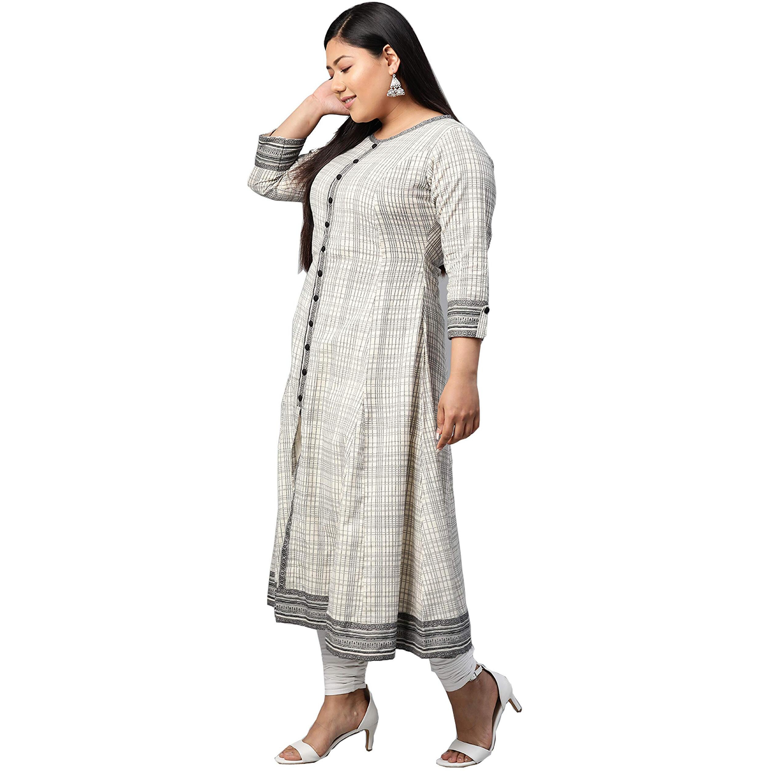 Yash Gallery WomenS Plus Size Cotton Slub Geometric Printed Anarkali Kurta for Women (1234YKOWHITE_White_XXX-Large)