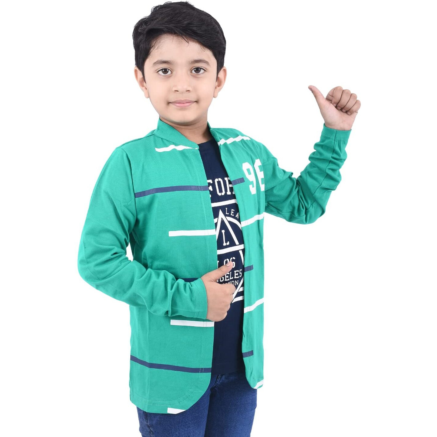 Jam & Sugar Boys Cotton California Navy Printed T-Shirt with Attached Green Full Sleeve Shurg (Green 7-8 Years)