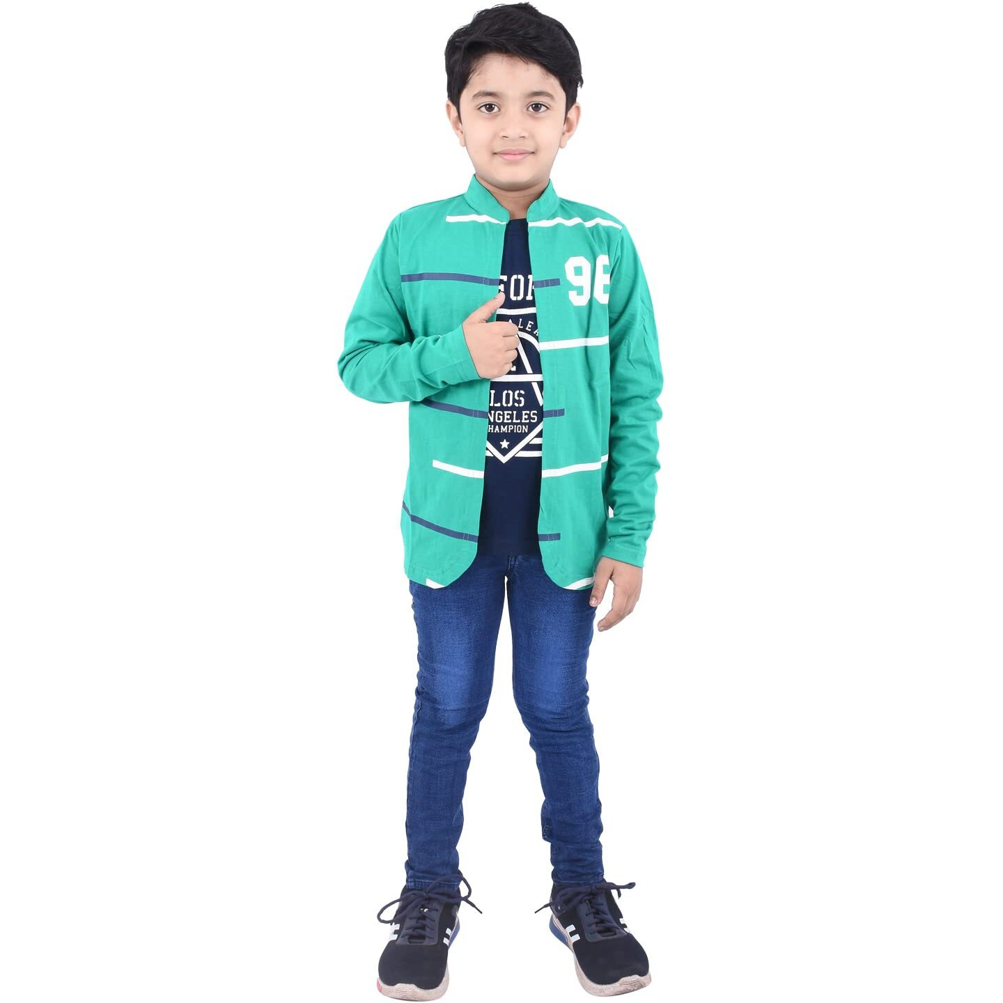 Jam & Sugar Boys Cotton California Navy Printed T-Shirt with Attached Green Full Sleeve Shurg (Green 7-8 Years)