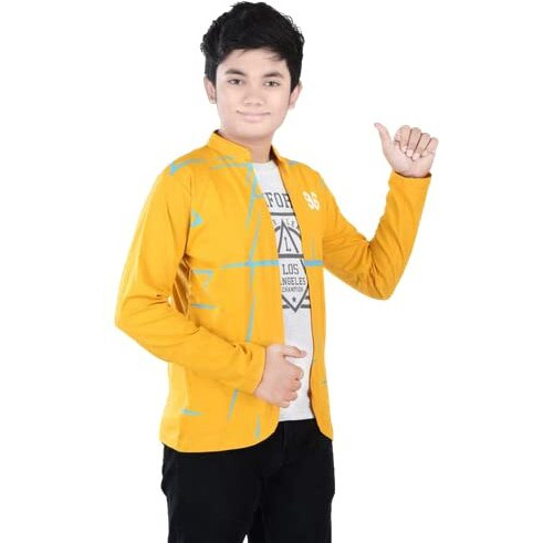 Jam & Sugar Boys Cotton California Printed Full Sleeve T-Shirt with Attached Mustard Shrug (Mustard 15-16 Years)
