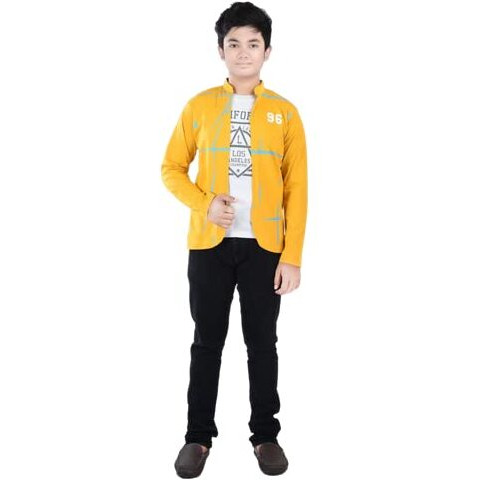 Jam & Sugar Boys Cotton California Printed Full Sleeve T-Shirt with Attached Mustard Shrug (Mustard 15-16 Years)
