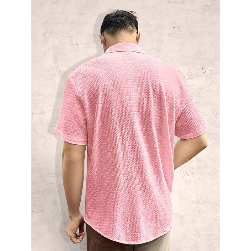 Pinkmint Popcorn Shirt for Men Soild Slim Fit Sleeve Spread Collar Trendy Men Shirt Summer Wear Goa Wear Aqua Blue