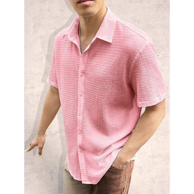 Pinkmint Popcorn Shirt for Men Soild Slim Fit Sleeve Spread Collar Trendy Men Shirt Summer Wear Goa Wear Aqua Blue