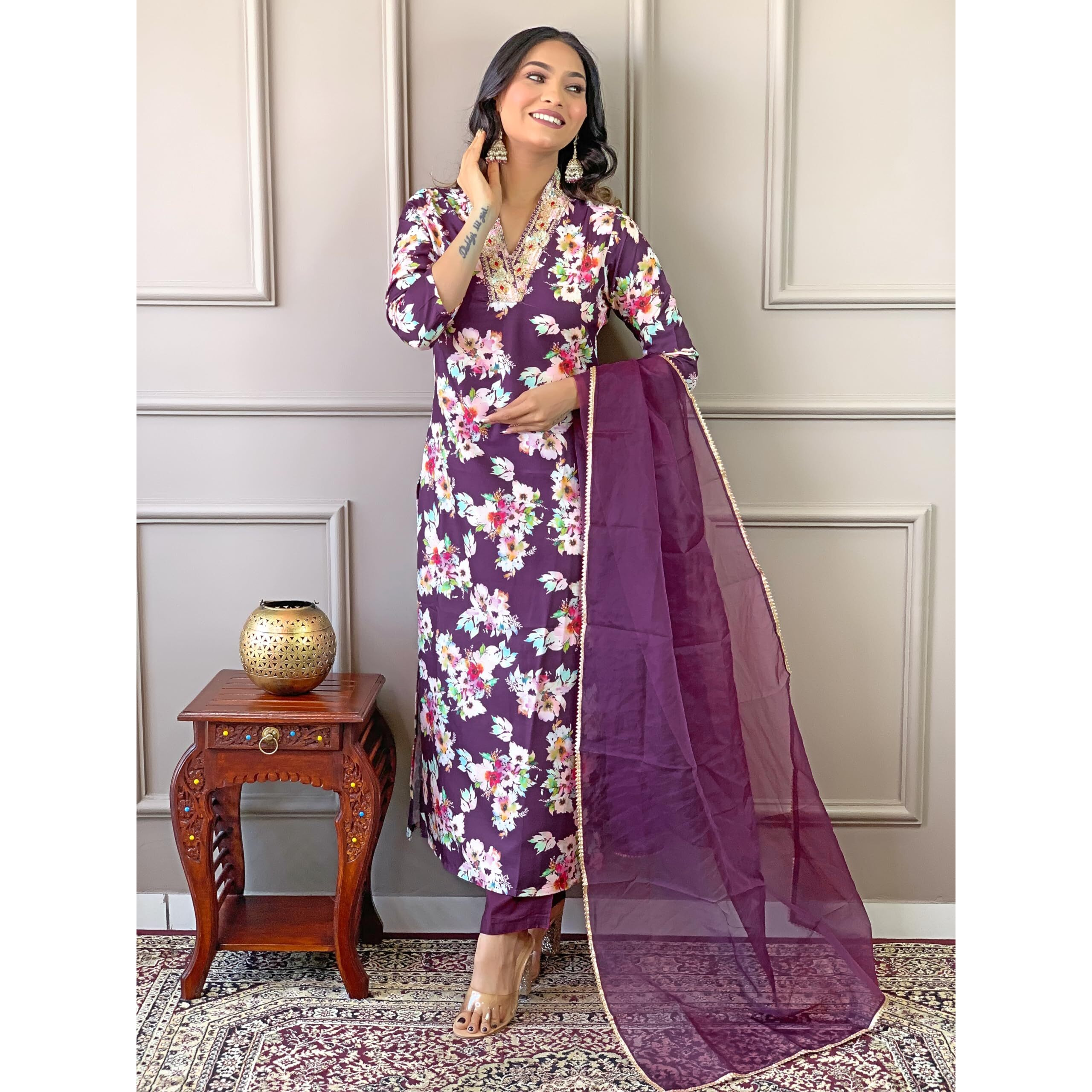 Naixa Womens Wine Rayon Blend Embroidered and Printed Straight Kurta with Rayon Blend Pant and Organza Dyed Dupatta Sets (NX-507-Wine-XS)