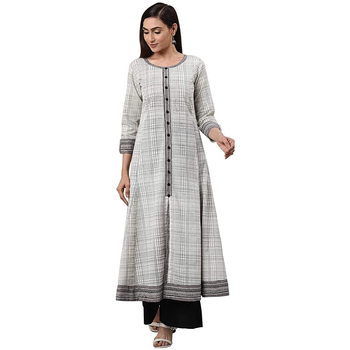 Yash Gallery WomenS Cotton Slub Geometric Printed Anarkali Kurta for Women (1234YKOWHITE_White_X-Large)