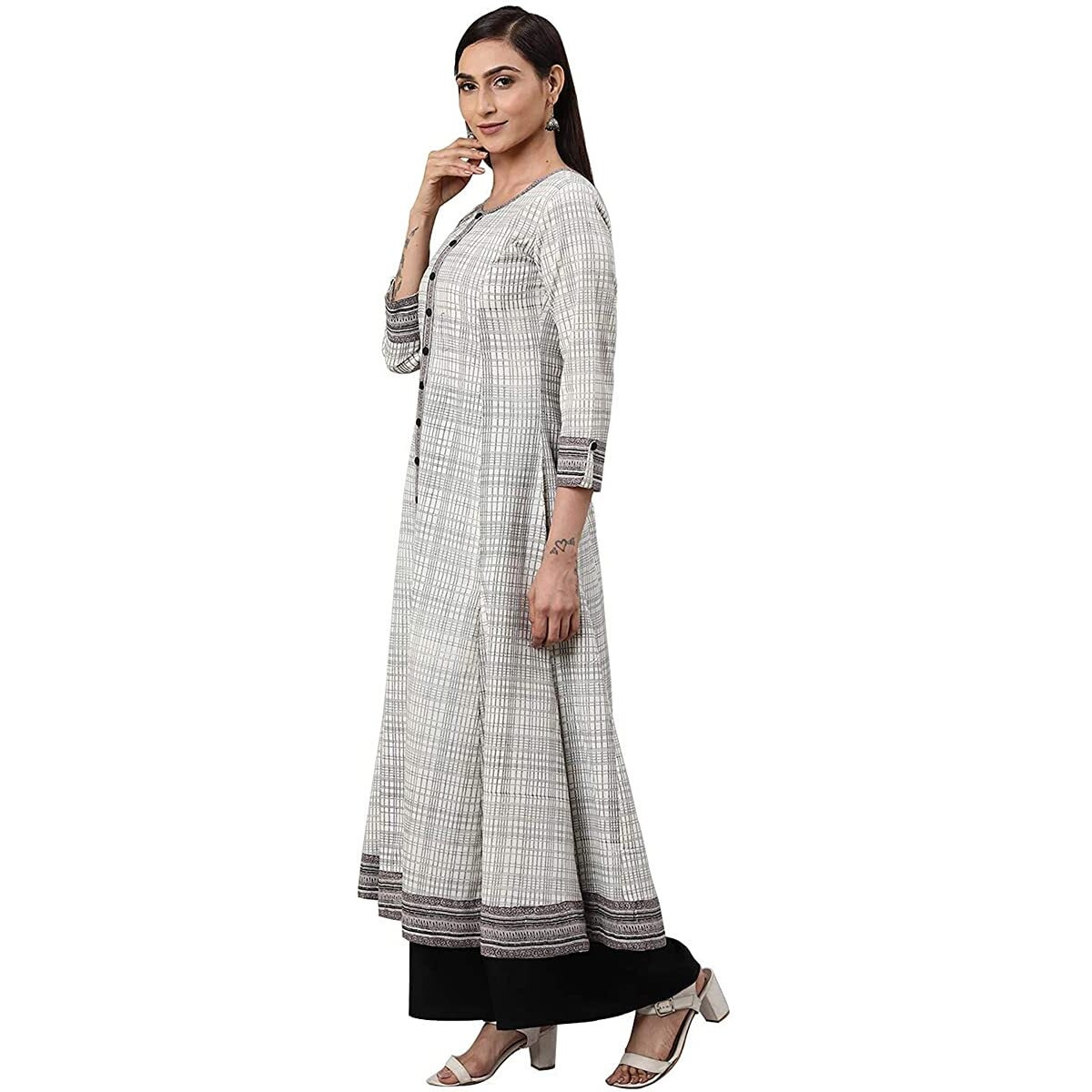 Yash Gallery WomenS Cotton Slub Geometric Printed Anarkali Kurta for Women (1234YKOWHITE_White_X-Large)