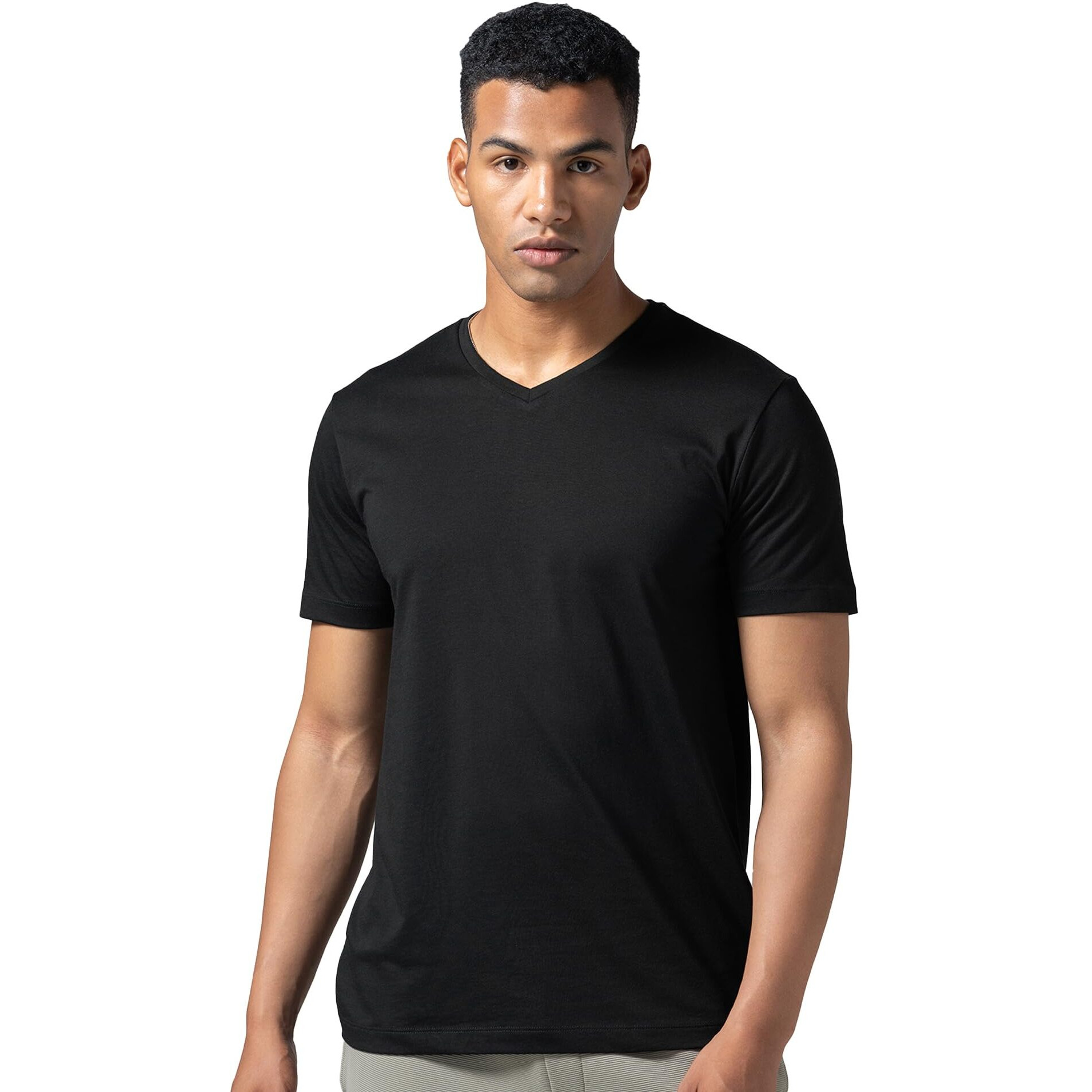 DAMENSCH Regular Fit Half Sleeve V Neck Tshirt Combed Cotton Blend Solid Lightweight Gold Finish Shine Softer Durable Casual Wear Lounge Wear Tshirt for Men-Jet Black-S