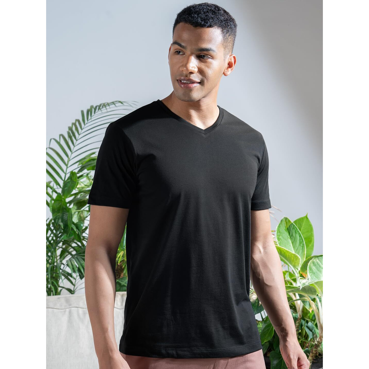 DAMENSCH Regular Fit Half Sleeve V Neck Tshirt Combed Cotton Blend Solid Lightweight Gold Finish Shine Softer Durable Casual Wear Lounge Wear Tshirt for Men-Jet Black-S