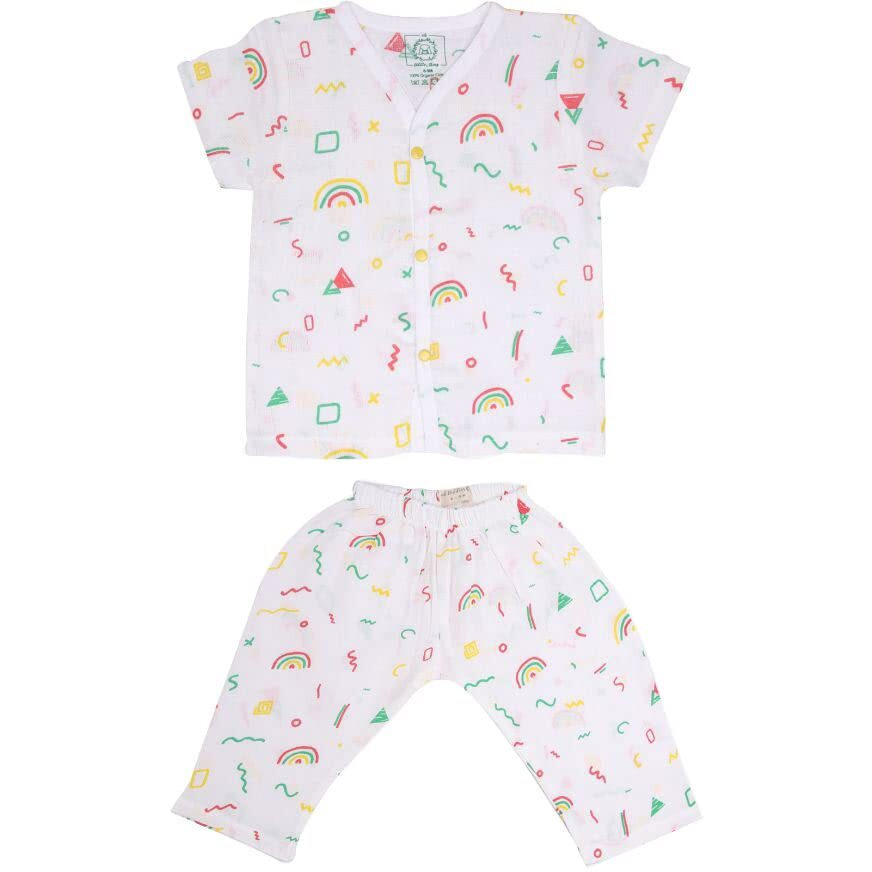 A toddler thing 100% Organic Muslin Sleepsuit | Top & Pants | Night Suit for Boys & Girls | Sleepwear Baby Products | Night Wear Rompers | Full Cover Dress | Color Doodle Dance | White | Size- 3-6m