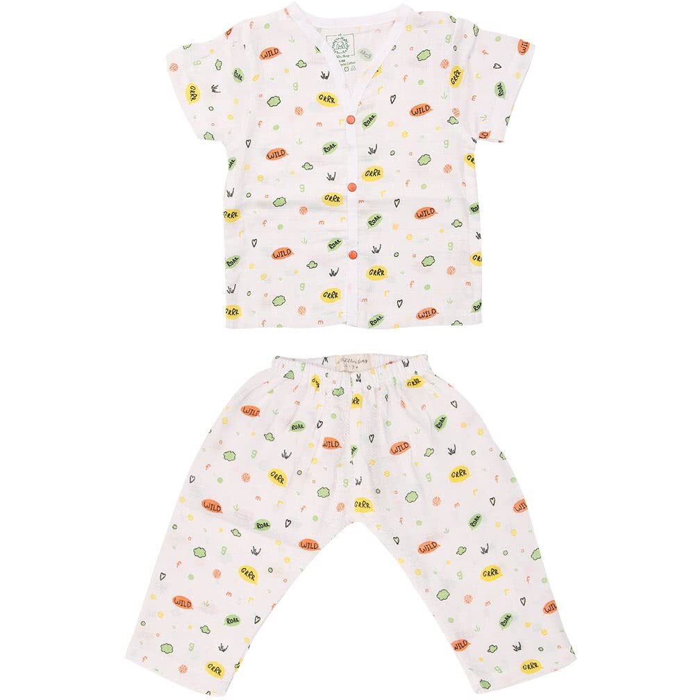A toddler thing 100% Organic Muslin Sleepsuit - Roar | White | Top & Pants | Size - 3-6 Months | Night Suit for Boys & Girls | Sleepwear Baby Products | Night Wear Pyjama Set | Full Cover Dress