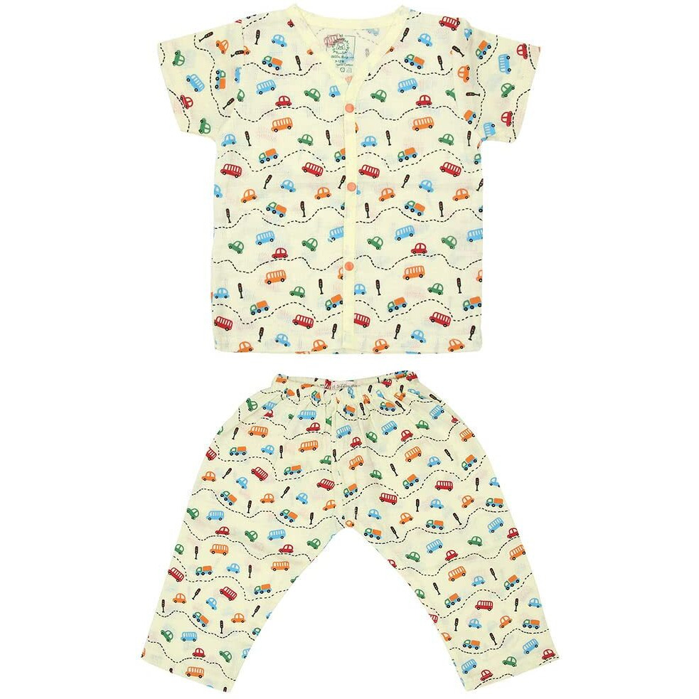 A toddler thing 100% Organic Muslin Sleepsuit | Top & Pants | Night Suit for Boys & Girls | Sleepwear Baby Products | Night Wear Rompers | Full Cover Dress | Color On The Road | Yellow | Size- 3-6m