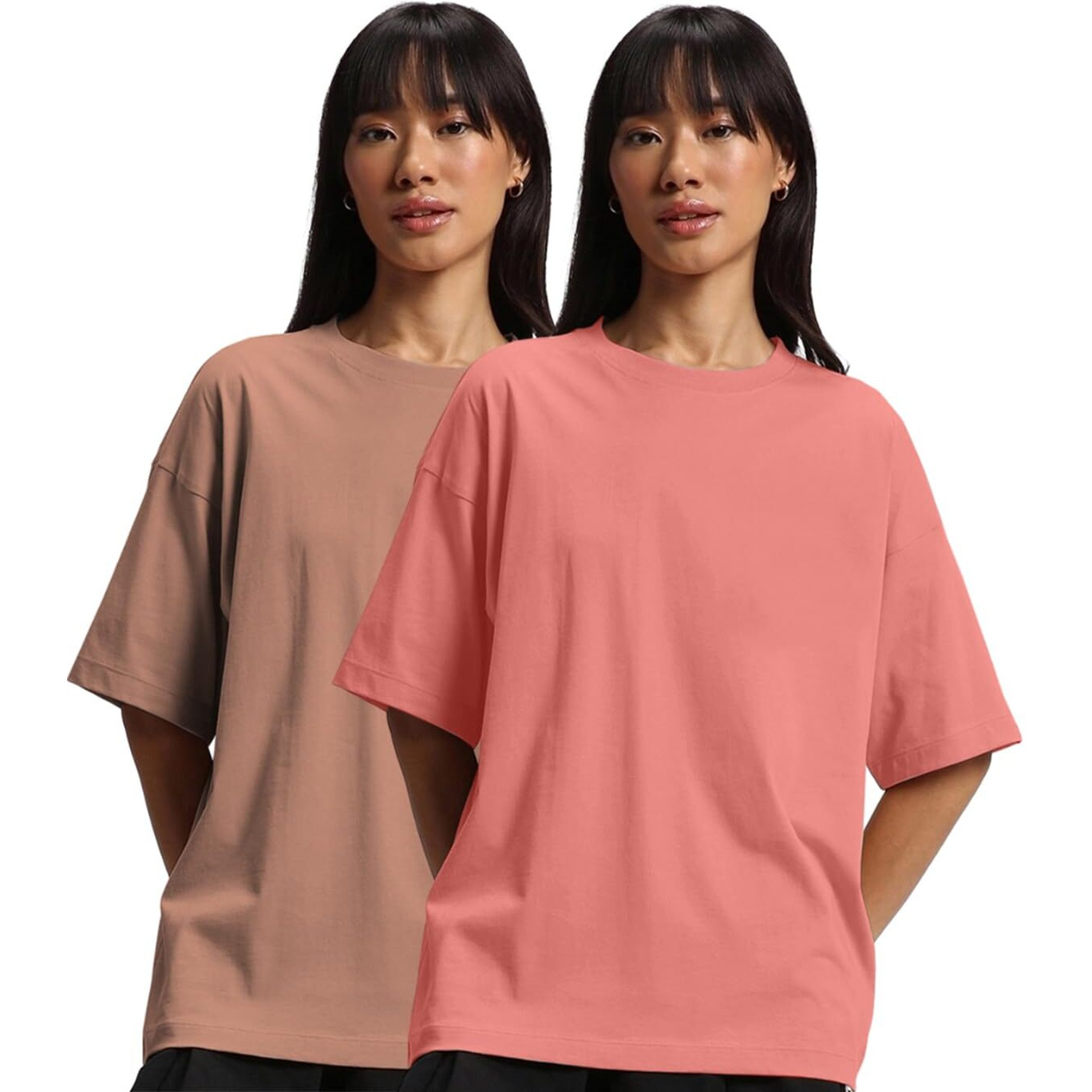 JUNEBERRY Pure Cotton Drop Shoulder Oversized Baggy Fit Half Sleeve Plain Solid Round Neck Multicolor T-Shirt for Women & Girls (Pack of 2) (PO2_OS_JB_SN_CR_XXL)