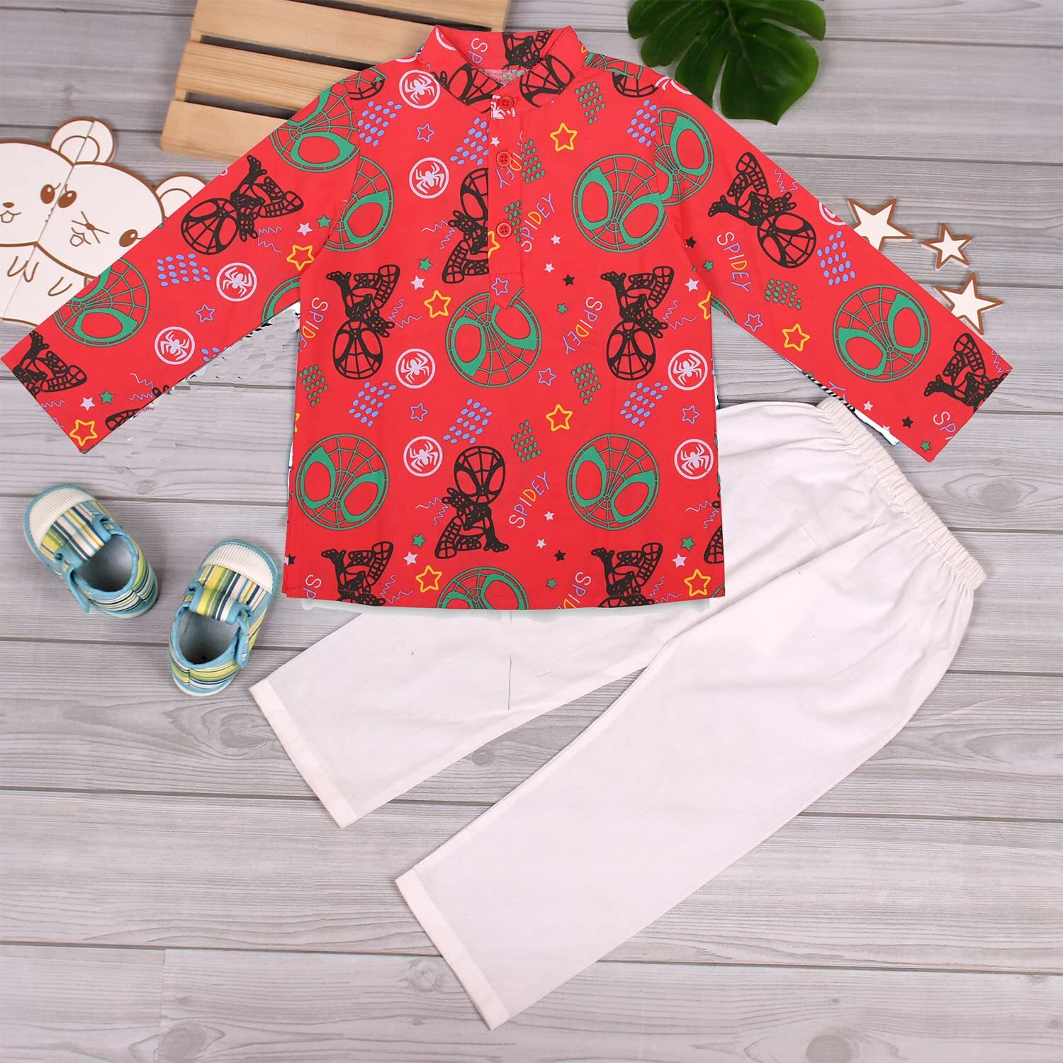 Bold N Elegant Cotton Bandej Bandhani Little Krishna Kanha Ethnic wear Kurta Pyjama Set for Infant Toddler Boys (2-3 Years Red-White)