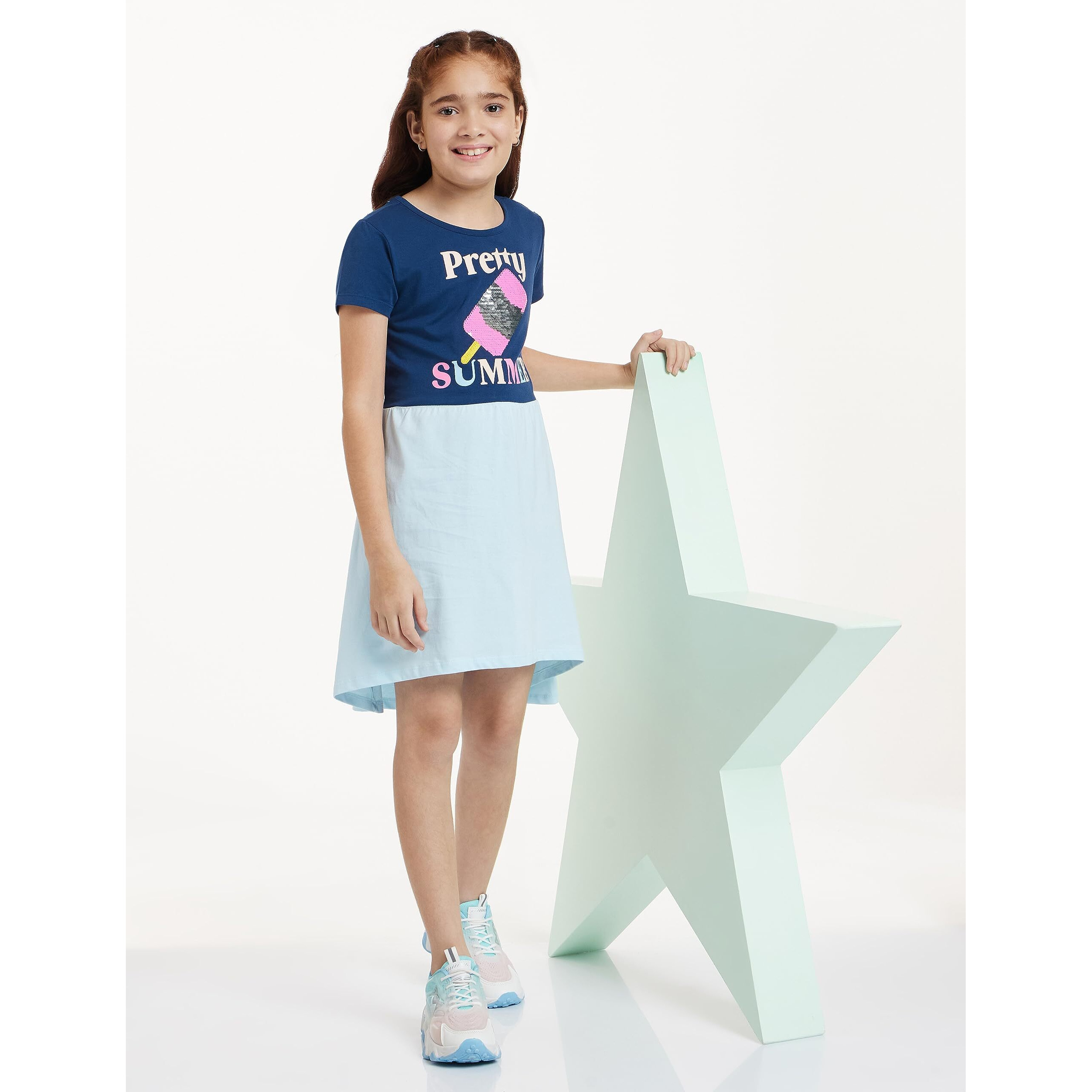 Amazon Brand - Jam & Honey Girls Cotton Printed Regular Fit Short Sleeve above The Knee Dress Multicolour 3-4 Years