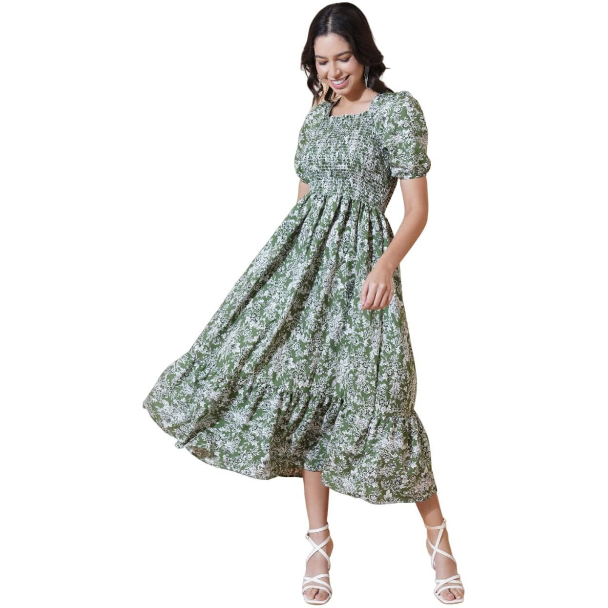 KZULLY Women Elegance Smocked A-Line Midi Knee-Length Dress-Superior Comfort & Chic Style Green