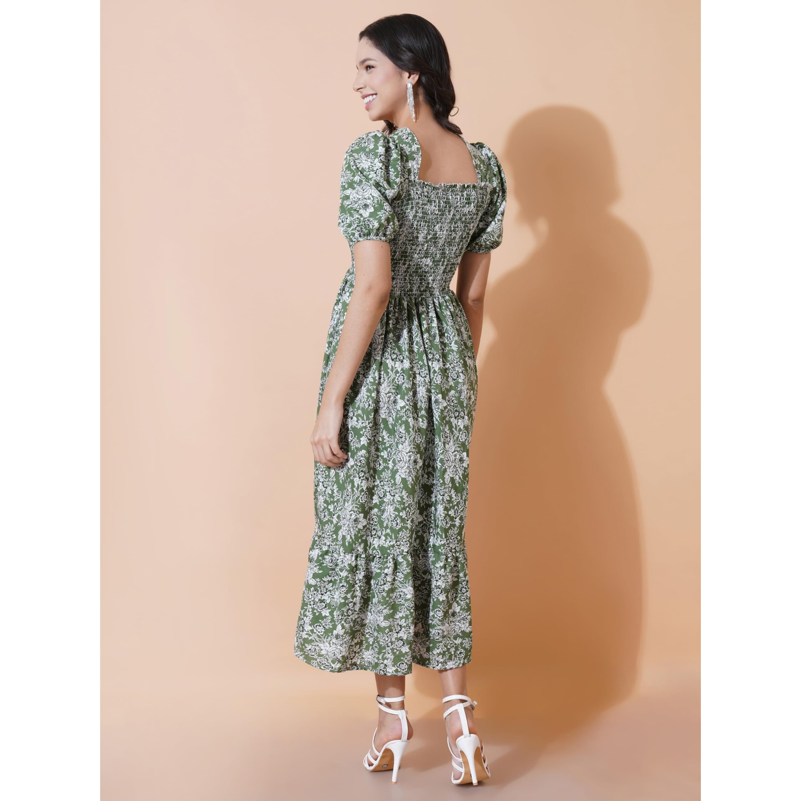 KZULLY Women Elegance Smocked A-Line Midi Knee-Length Dress-Superior Comfort & Chic Style Green