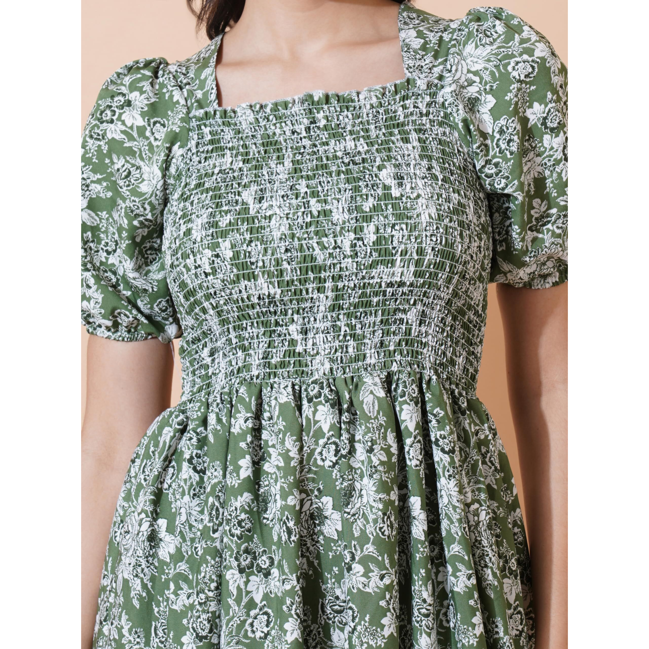 KZULLY Women Elegance Smocked A-Line Midi Knee-Length Dress-Superior Comfort & Chic Style Green