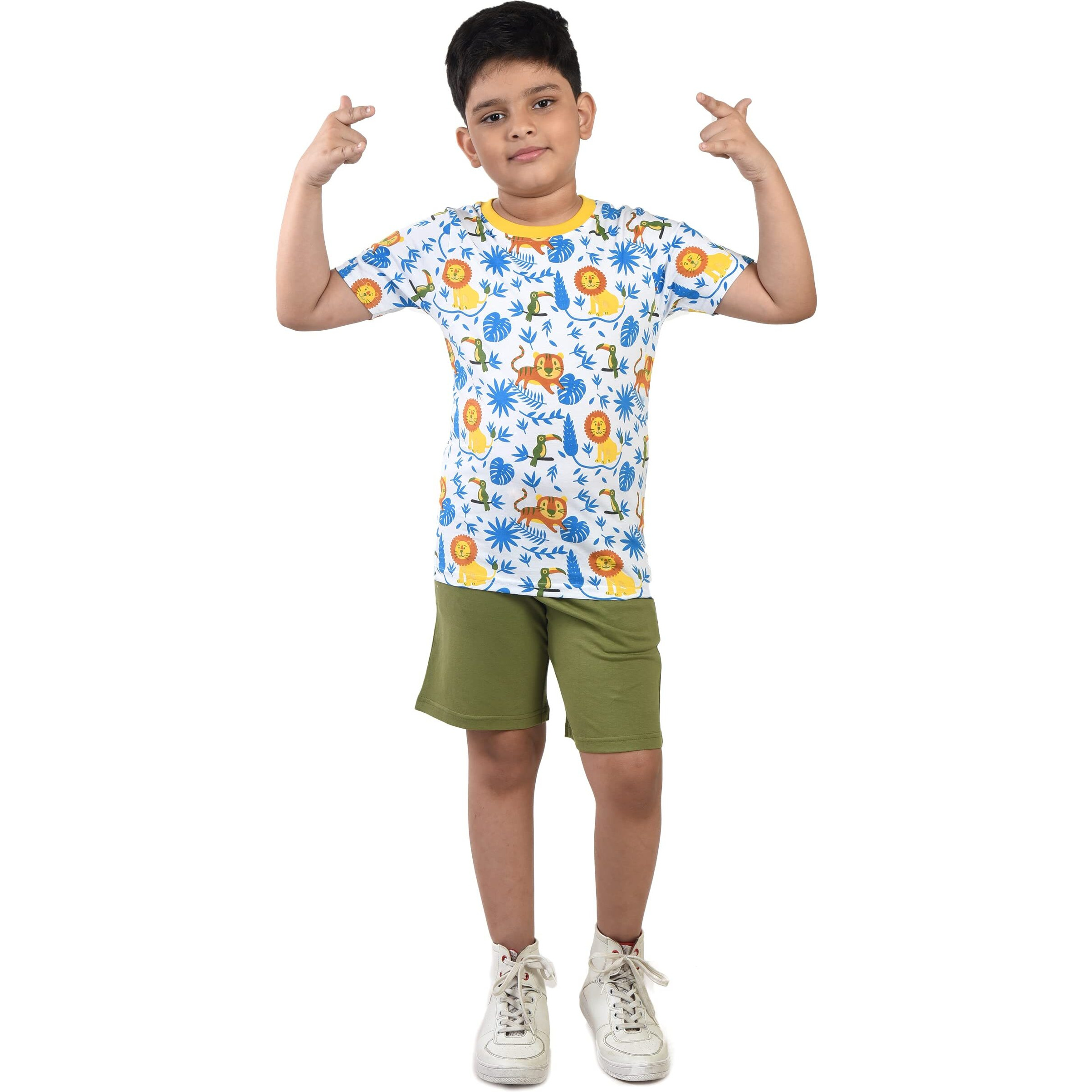 Clothe Funn Boys Coordinate Set Tshirt Shorts Set (Off-White/Olive 3-4 Years)