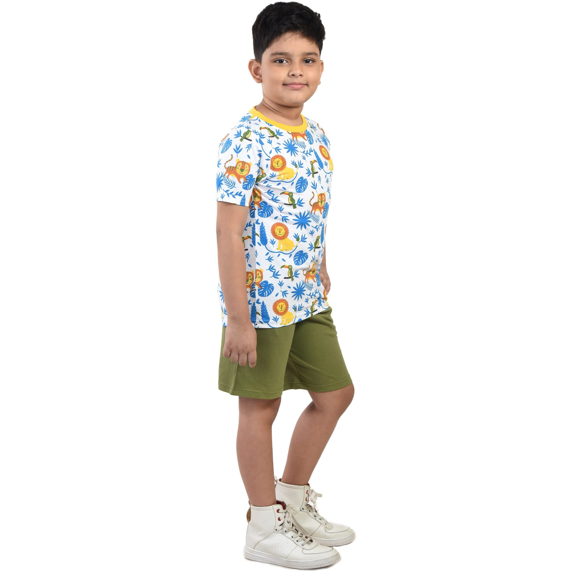 Clothe Funn Boys Coordinate Set Tshirt Shorts Set (Off-White/Olive 3-4 Years)