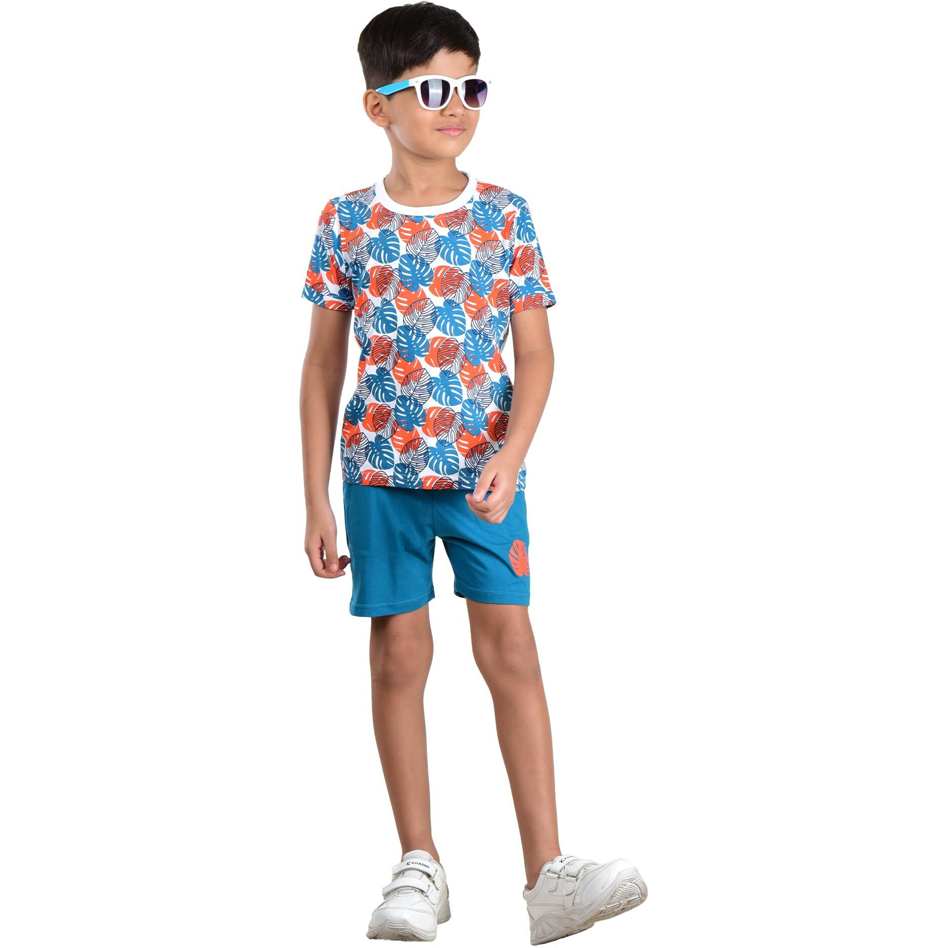 Clothe Funn Boys Co-Ordinate Set T-Shirts & Shorts Set White AOP/Teal (5-6 Y)