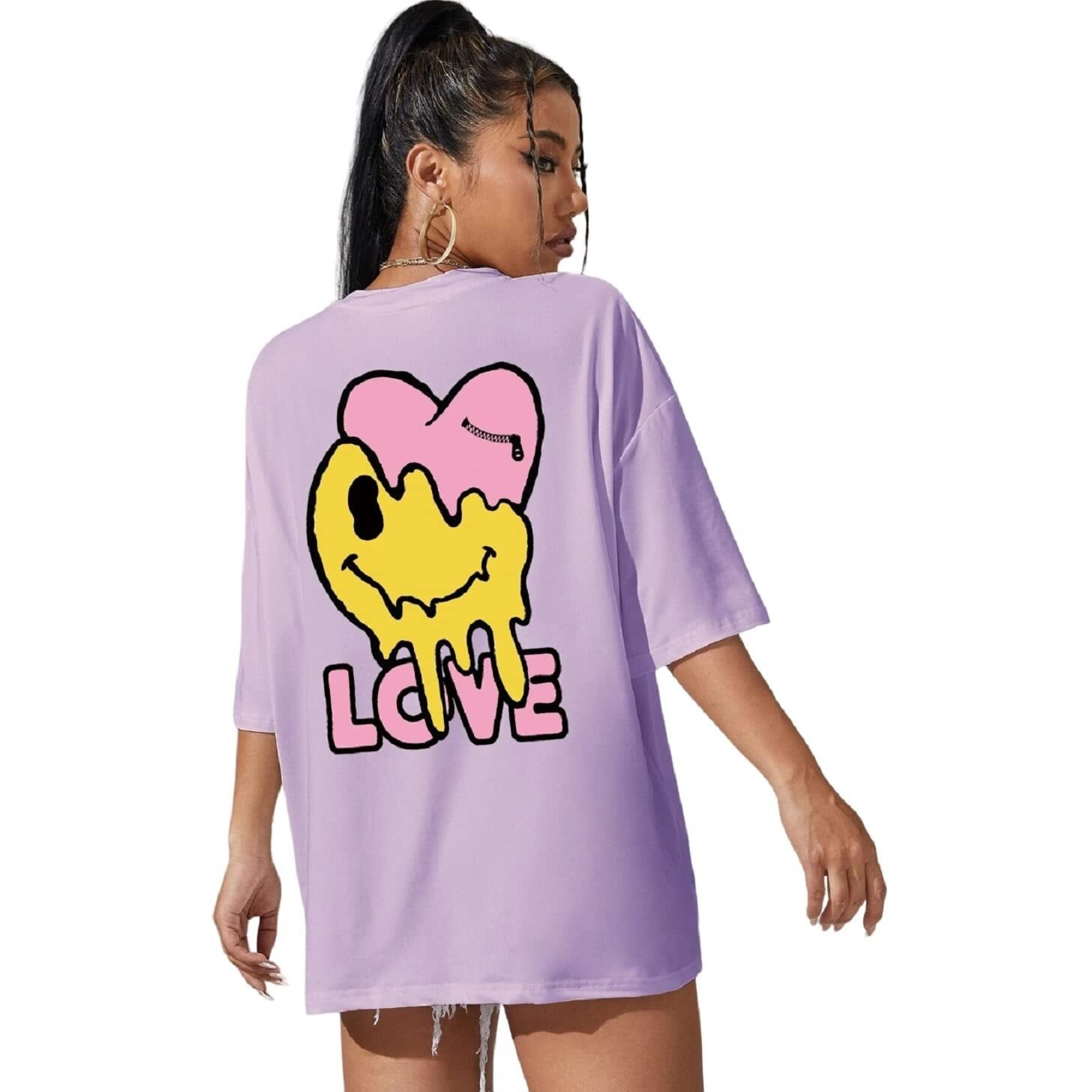 DENIMHOLIC Cotton Half Sleeve Printed Oversized t Shirts for Women Loose t Shirts for Women Baggy t Shirt for Women Graphic Tshirt for Women Oversize (Small Lilac)