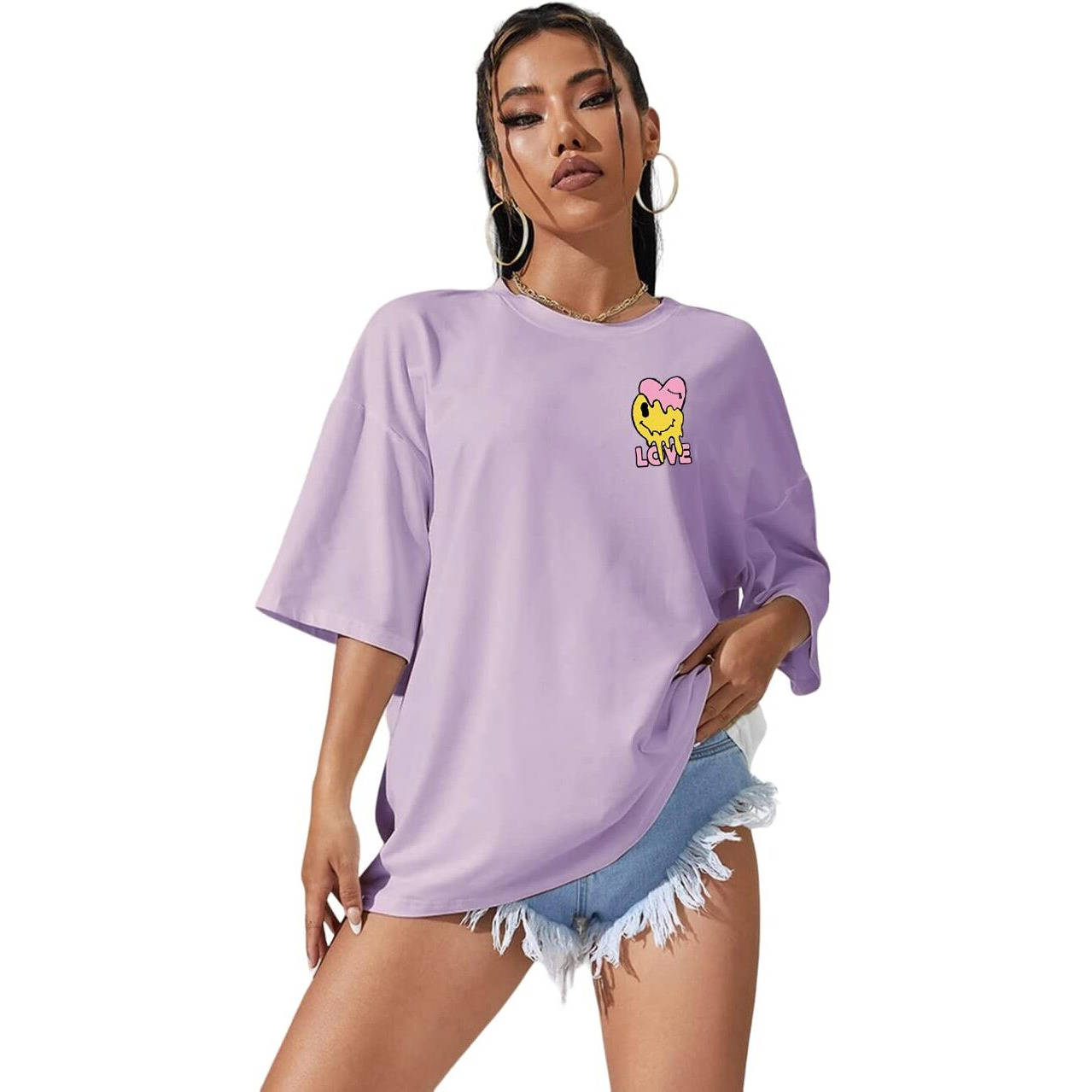 DENIMHOLIC Cotton Half Sleeve Printed Oversized t Shirts for Women Loose t Shirts for Women Baggy t Shirt for Women Graphic Tshirt for Women Oversize (Small Lilac)