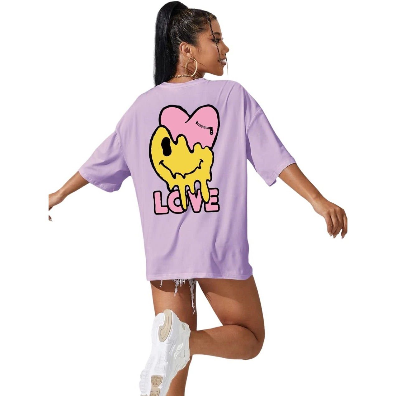 DENIMHOLIC Cotton Half Sleeve Printed Oversized t Shirts for Women Loose t Shirts for Women Baggy t Shirt for Women Graphic Tshirt for Women Oversize (Small Lilac)