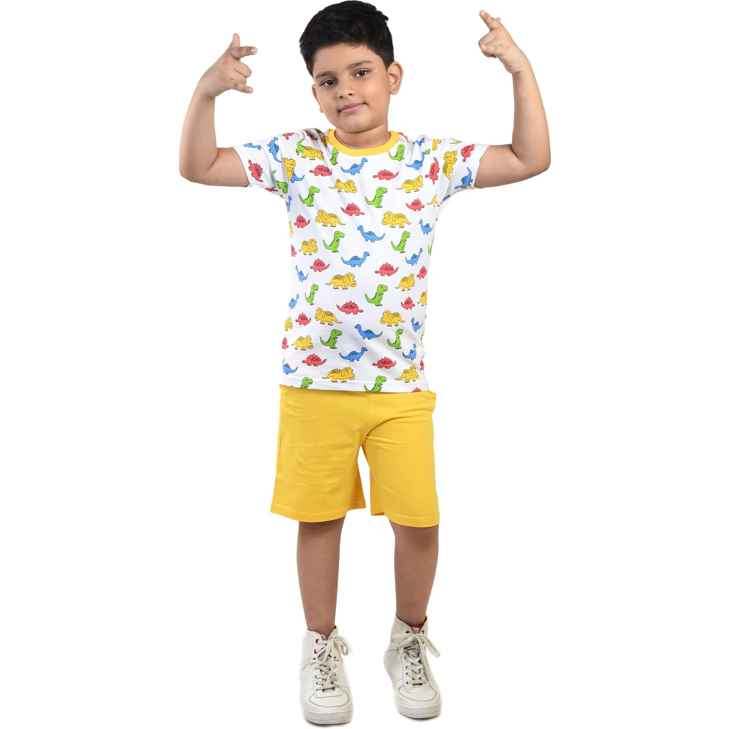 Clothe Funn Boys Coordinate Set Tshirt Shorts Set (White/Yellow 3-4 Years)