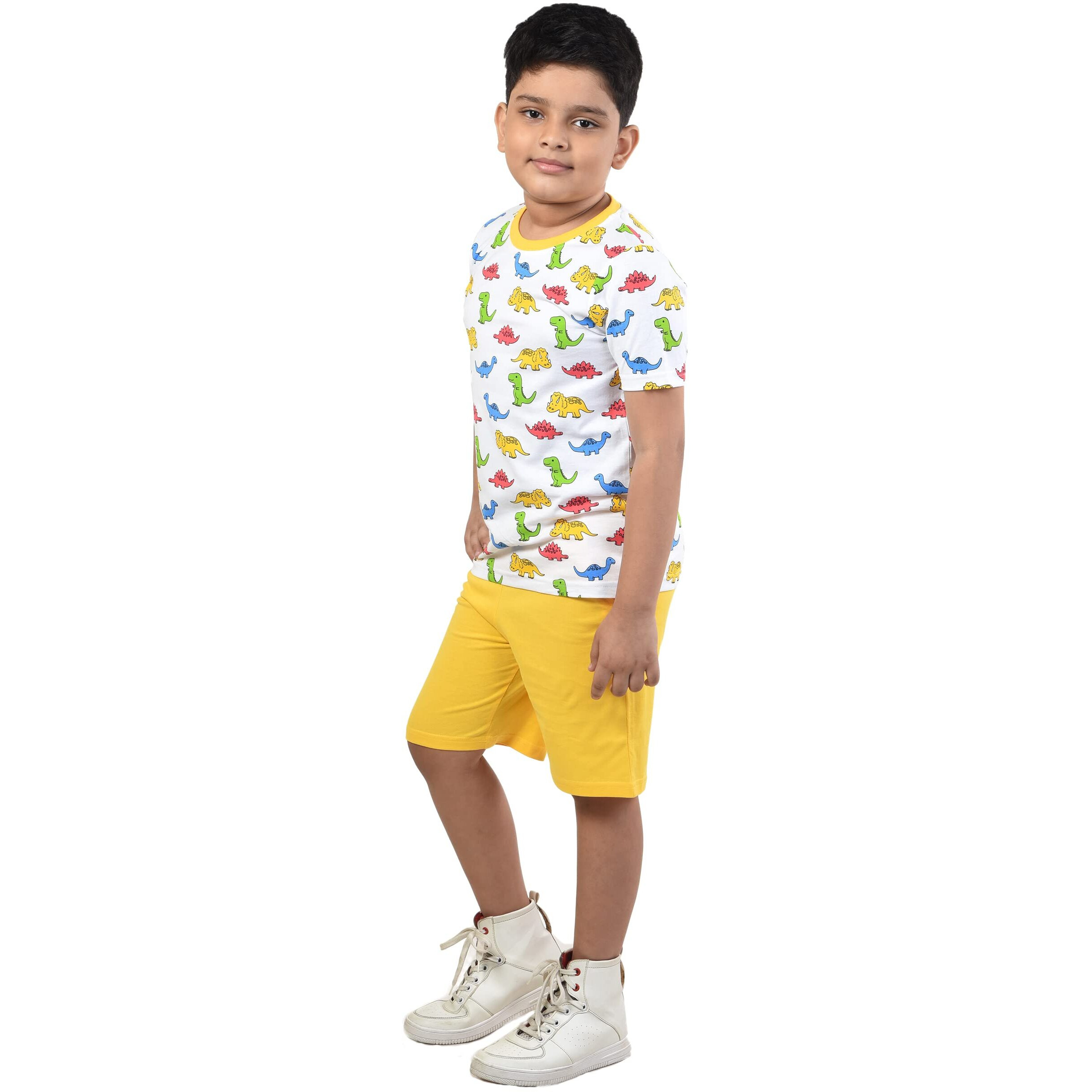 Clothe Funn Boys Coordinate Set Tshirt Shorts Set (White/Yellow 3-4 Years)