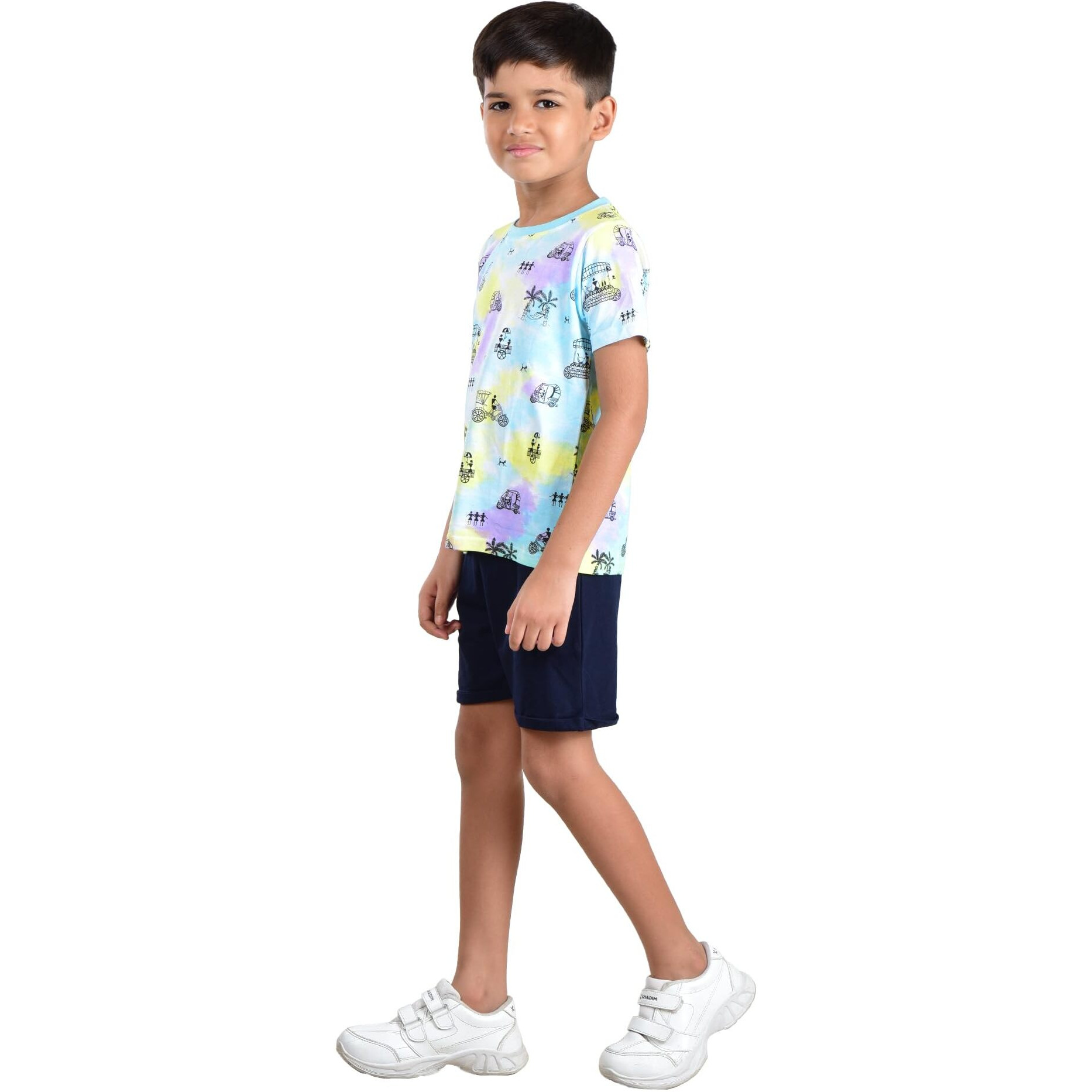 Clothe Funn Boys Co-Ordinate Set T-Shirts & Shorts Set White AOP/Navy (2-3 Y)