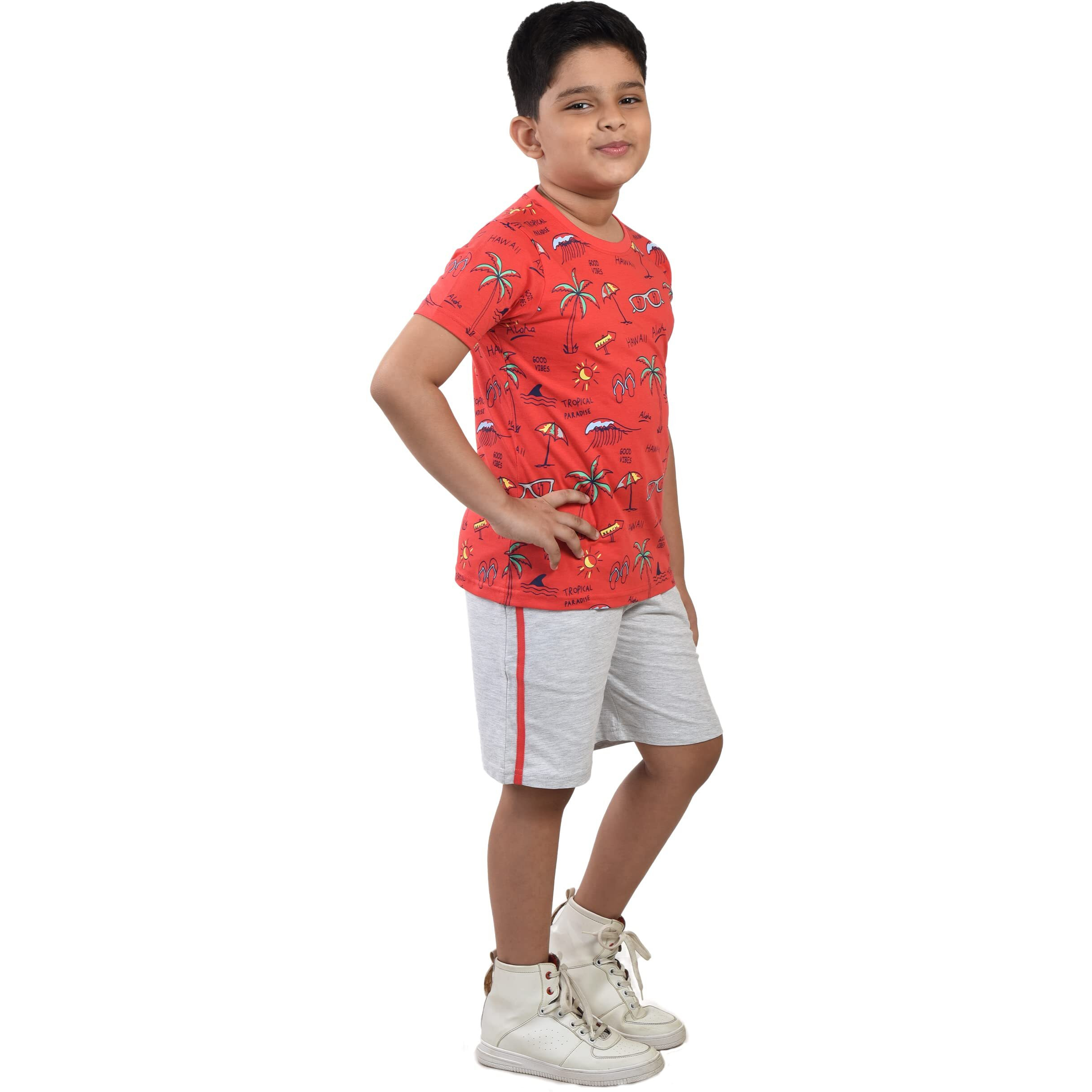 Clothe Funn Boys Coordinate Set Tshirt Shorts Set (Coral/Ecru Melange 2-3 Years)