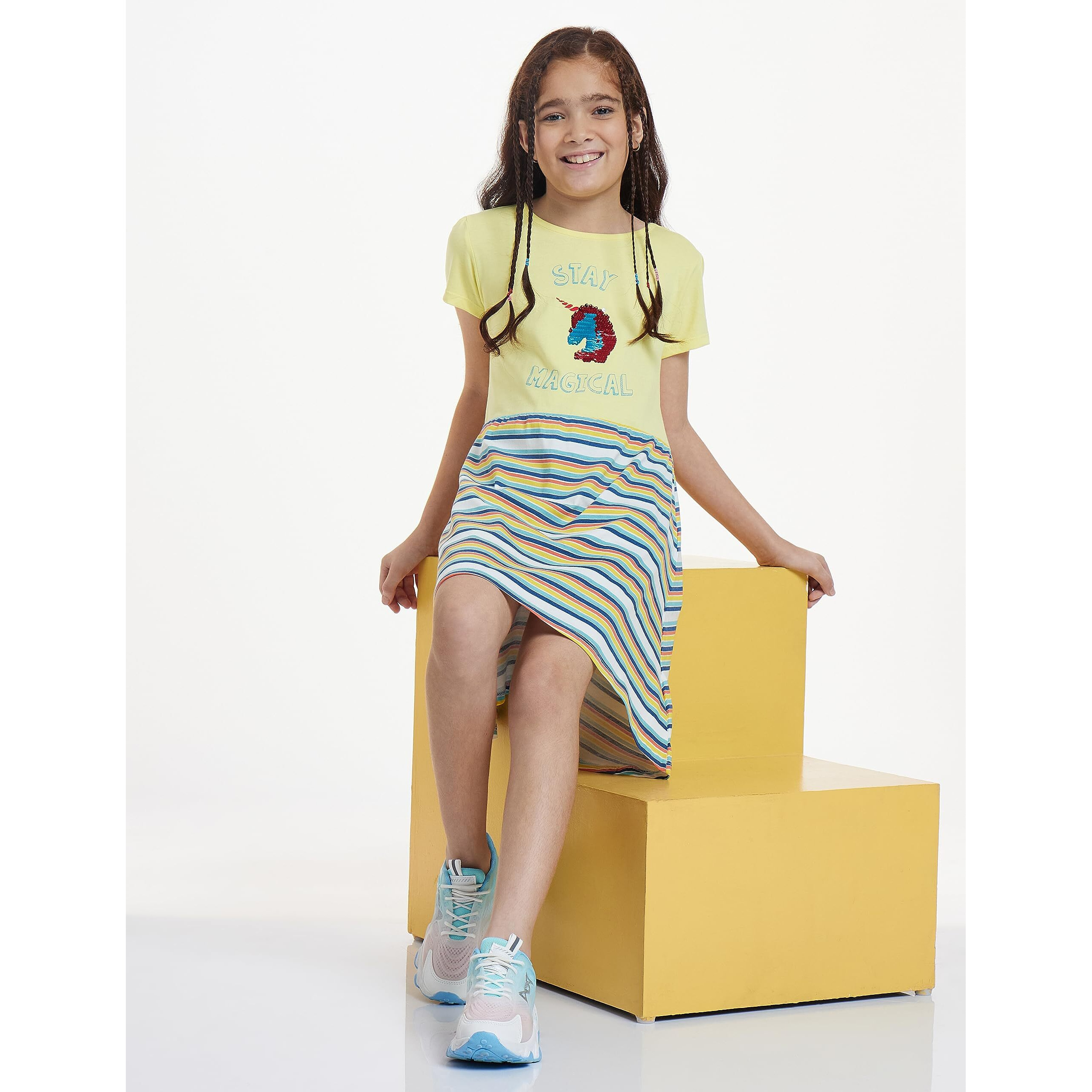 Amazon Brand - Jam & Honey Girls 100% Cotton Printed Knee Length One Piece Dress | Age 2-12 Years