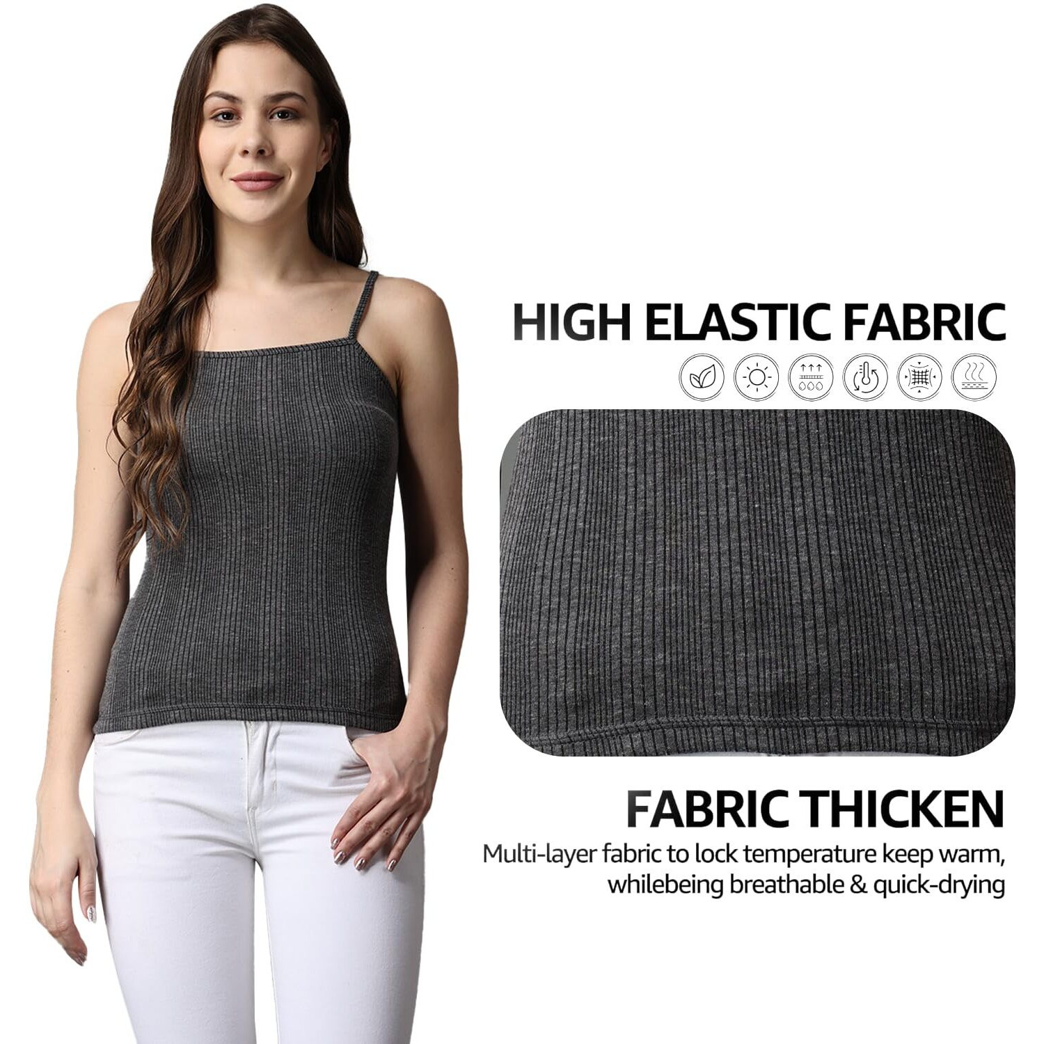 FF Thermal Warmer Spaghetti Top for Women Ultra Soft Sleeveless Scoop Neck Winter Inner Wear Top Johns Underwear Color-Dark Grey (Size-L) Pack-1
