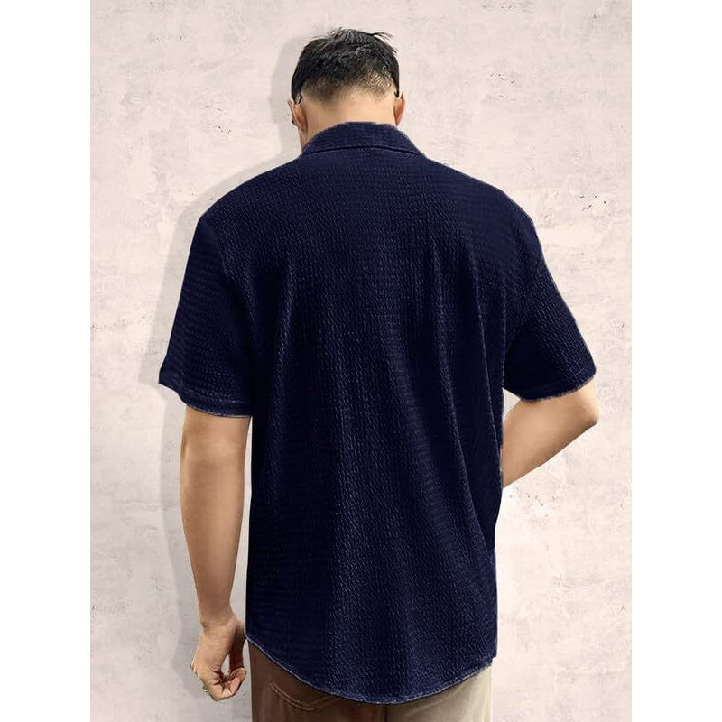 Tee Projekt Mens Popcorn Shirt Texture Pattern Mens Casual Shirt Half Sleeves Goa Beach Summer Shirt Navy Blue