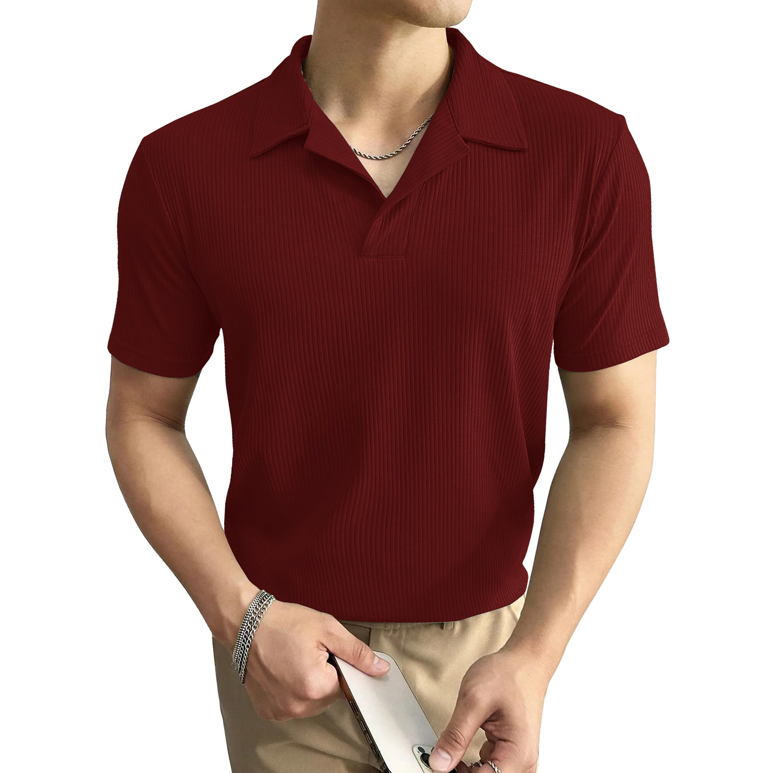 I ENTERPRISE Cotton Blend Regular Fit Round Spread Collar Solid Short Sleeve T-Shirt for Men & Boys Color - Maroon Size -L