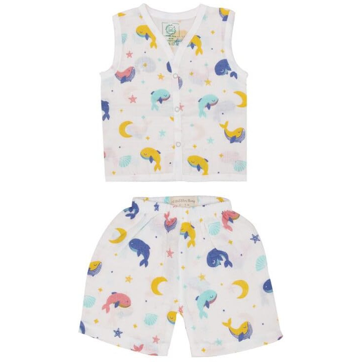 A toddler thing - Organic Cotton Muslin Jabla & Short White Jhabla | for Baby Boys & Girls | Summerwear Jabala | Sleeveless Vest | Casual Clothing | Shade Whale Star | Size - 0-3 Months
