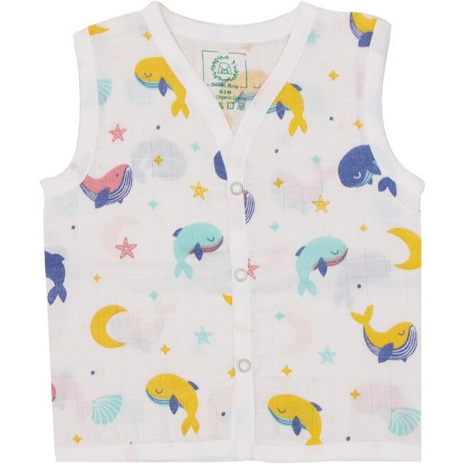 A toddler thing - Organic Cotton Muslin Jabla & Short White Jhabla | for Baby Boys & Girls | Summerwear Jabala | Sleeveless Vest | Casual Clothing | Shade Whale Star | Size - 0-3 Months