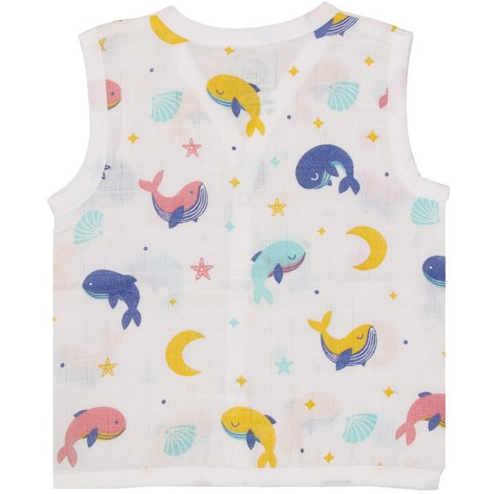 A toddler thing - Organic Cotton Muslin Jabla & Short White Jhabla | for Baby Boys & Girls | Summerwear Jabala | Sleeveless Vest | Casual Clothing | Shade Whale Star | Size - 0-3 Months