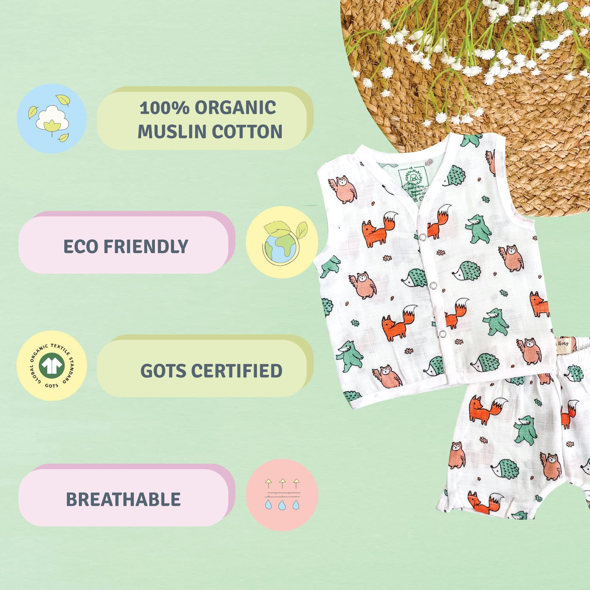 A toddler thing Organic Cotton Muslin Jabla & Shorts | White Jhabla | for Boys & Girls | Comfy Jabala | Sleeveless Vest | Baby Products | Casual Clothing | Shade Wood Stripes | Size - 6-9 Months