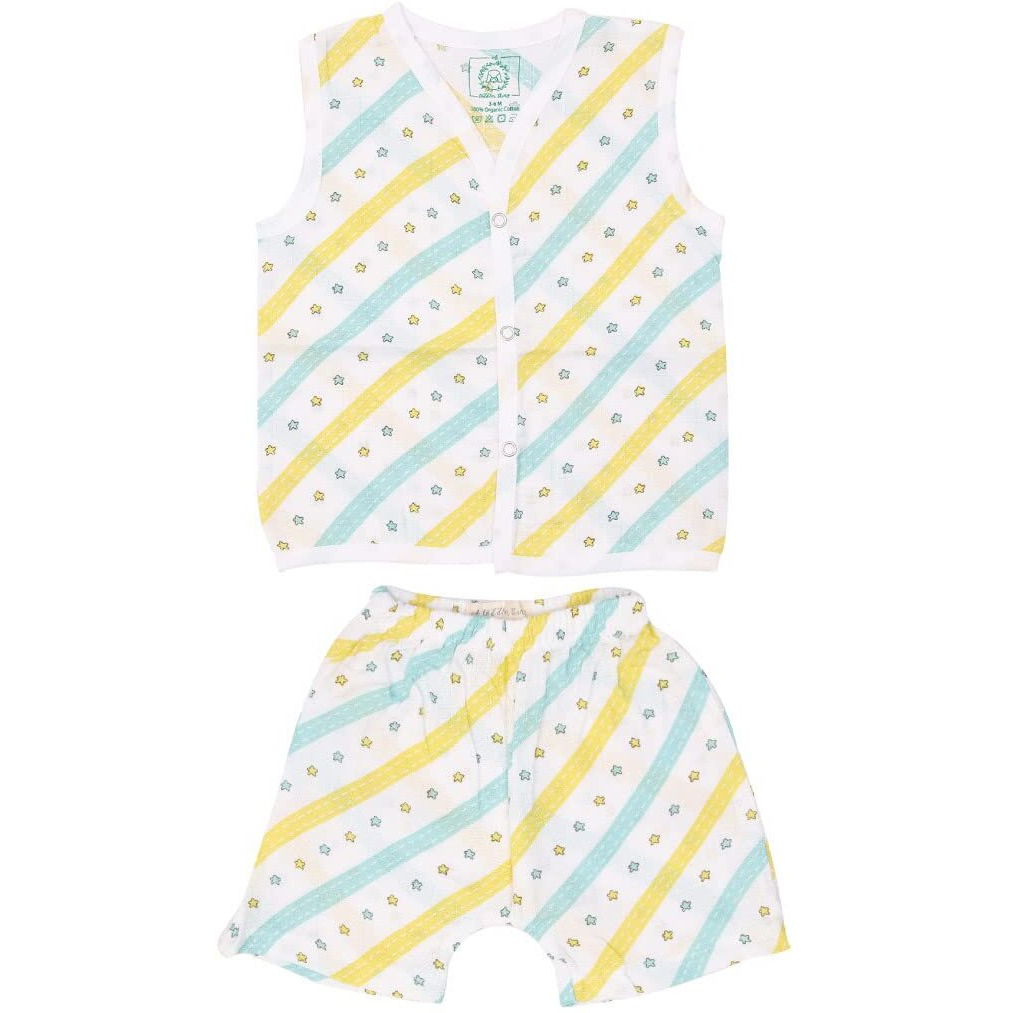 A toddler thing - Organic Cotton Muslin Jabla & Shorts | White Jhabla | for Boys & Girls | Comfy Jabala | Sleeveless Vest | Baby Products | Casual Clothing | Shade Twinkling Stars | Size - 6-9m