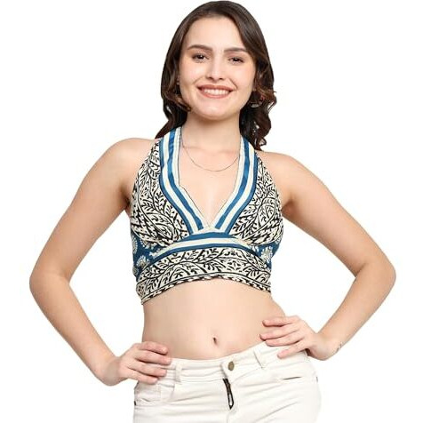 KE KanhaExports Womens Halter Regular Fit Top - Chic And Comfortable Fashion For Any Occasion (Black Leaf A Top)