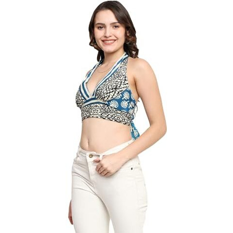 KE KanhaExports Womens Halter Regular Fit Top - Chic And Comfortable Fashion For Any Occasion (Black Leaf A Top)