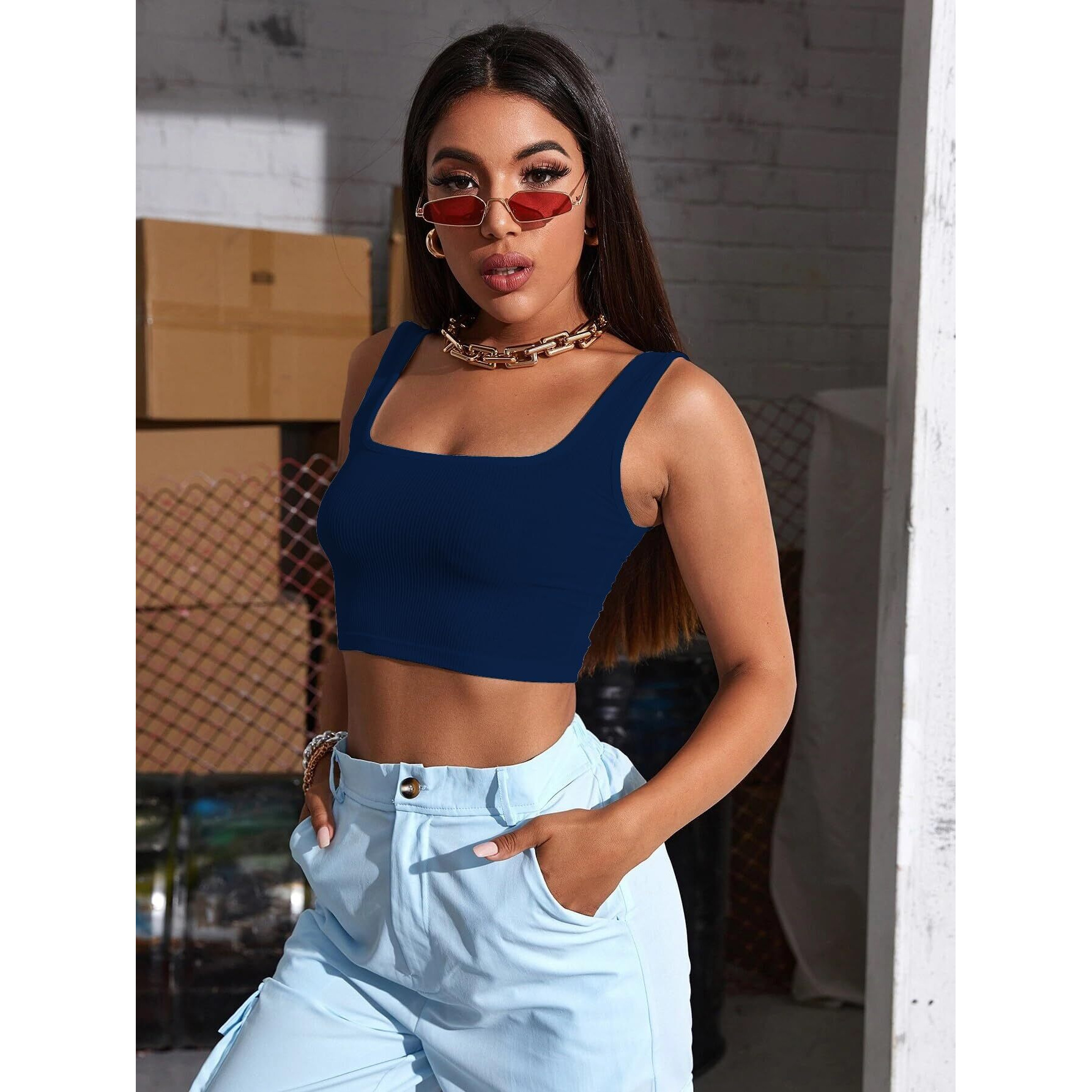 Sugathari Womens & Girls Solid Ribbed Boat Neck Sleeveless Crop Tops for Women (Top 36 N Blue XS)