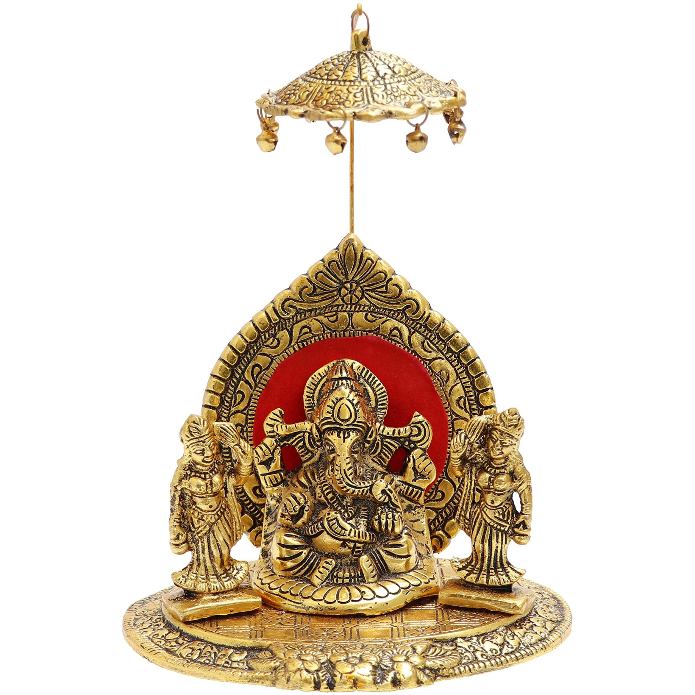 Nexplora Industries Pvt. Ltd. Metal Riddhi Siddhi Chatra Ganesh Idol, Height 18 cm, Gold Antique Finish