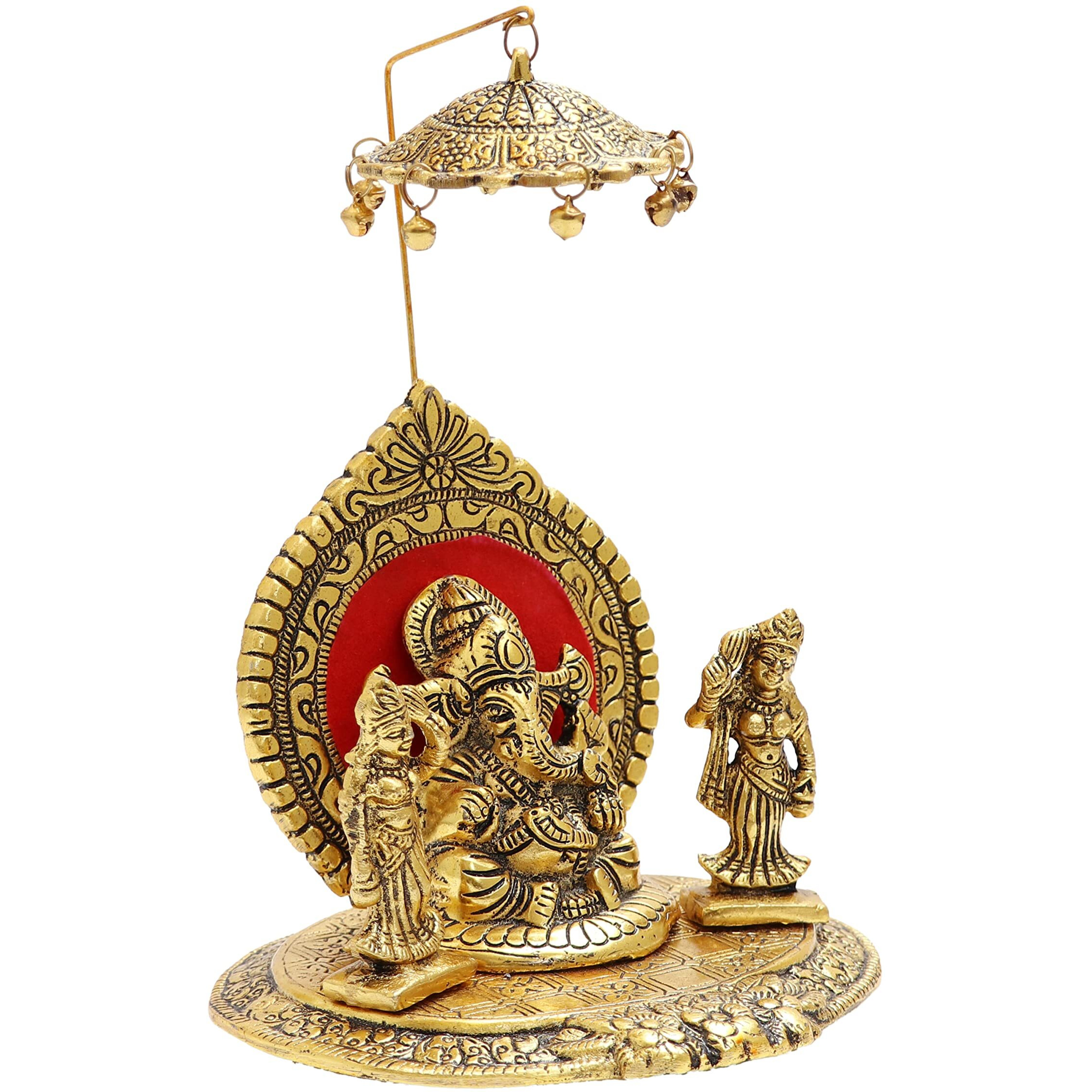 Nexplora Industries Pvt. Ltd. Metal Riddhi Siddhi Chatra Ganesh Idol, Height 18 cm, Gold Antique Finish