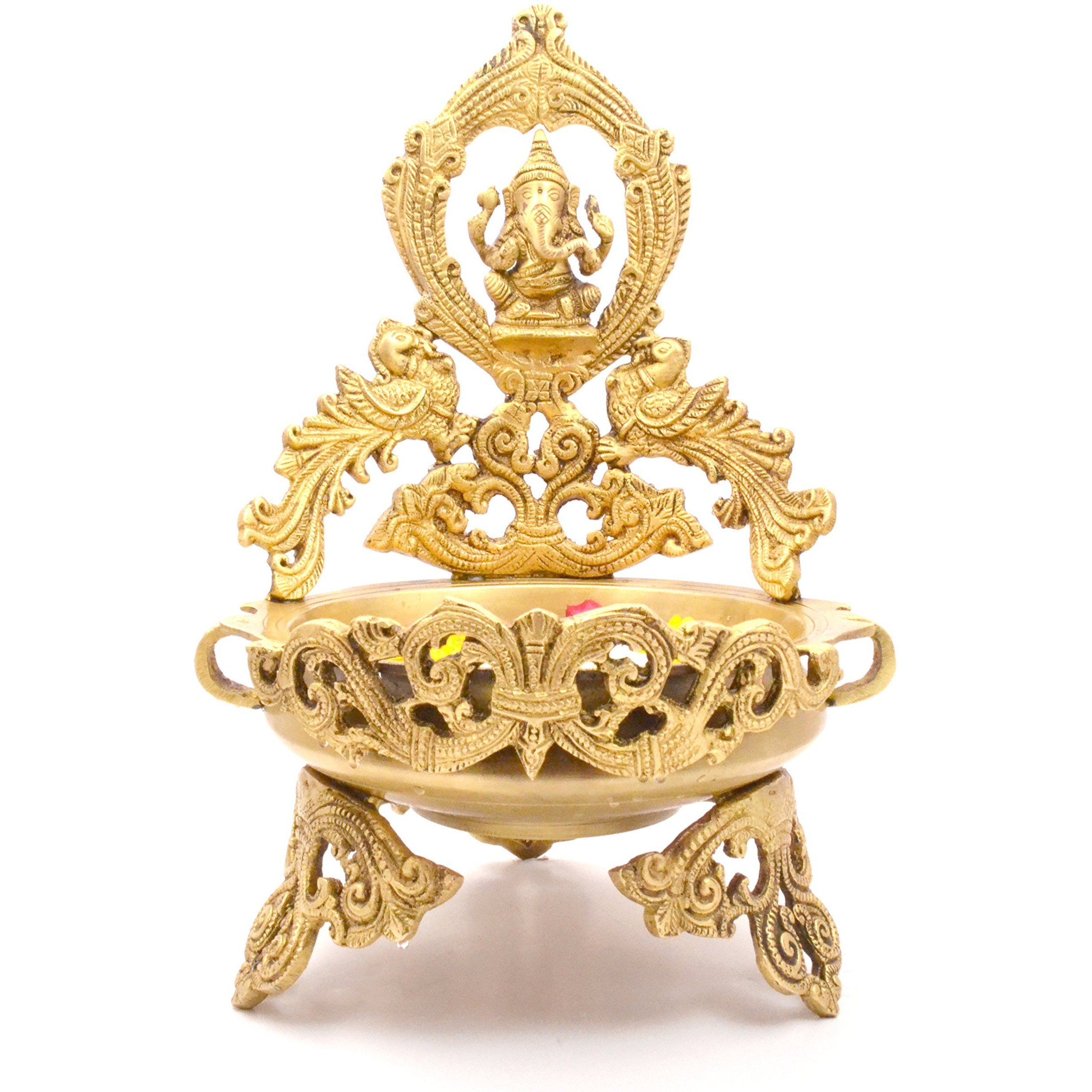 Two Moustaches Brass Peacock Design Ganesha Urli Showpiece, Yellow, 8.5 X 9.5 X 13.5 Inches, Standard, Pack of 1
